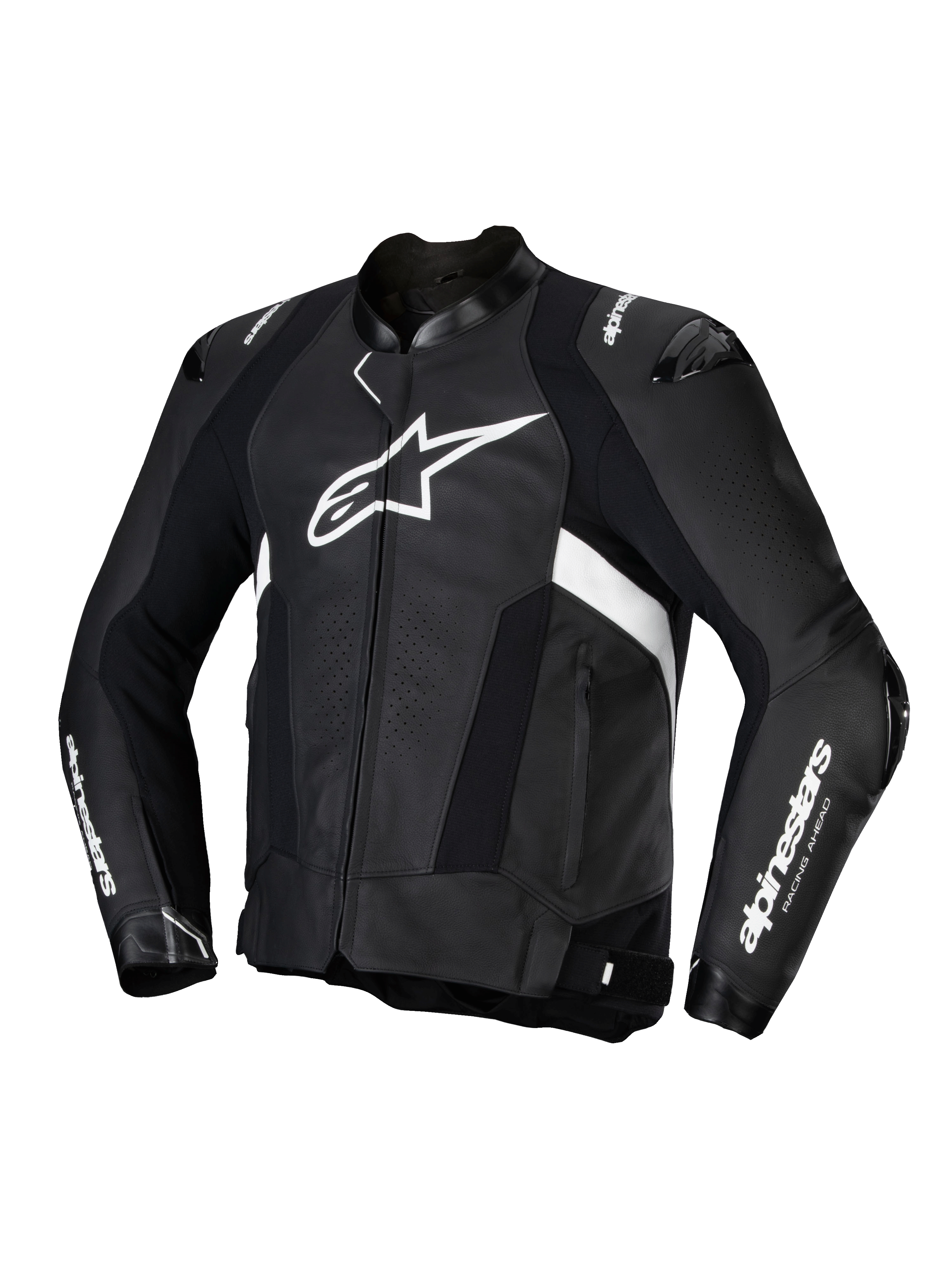 Alpinestars Missile V3 Leren Jas, heren motorracingjas, zwart en wit, premium runderleer van racekwaliteit, CE-gecertificeerd met schouder- en elleboogbescherming