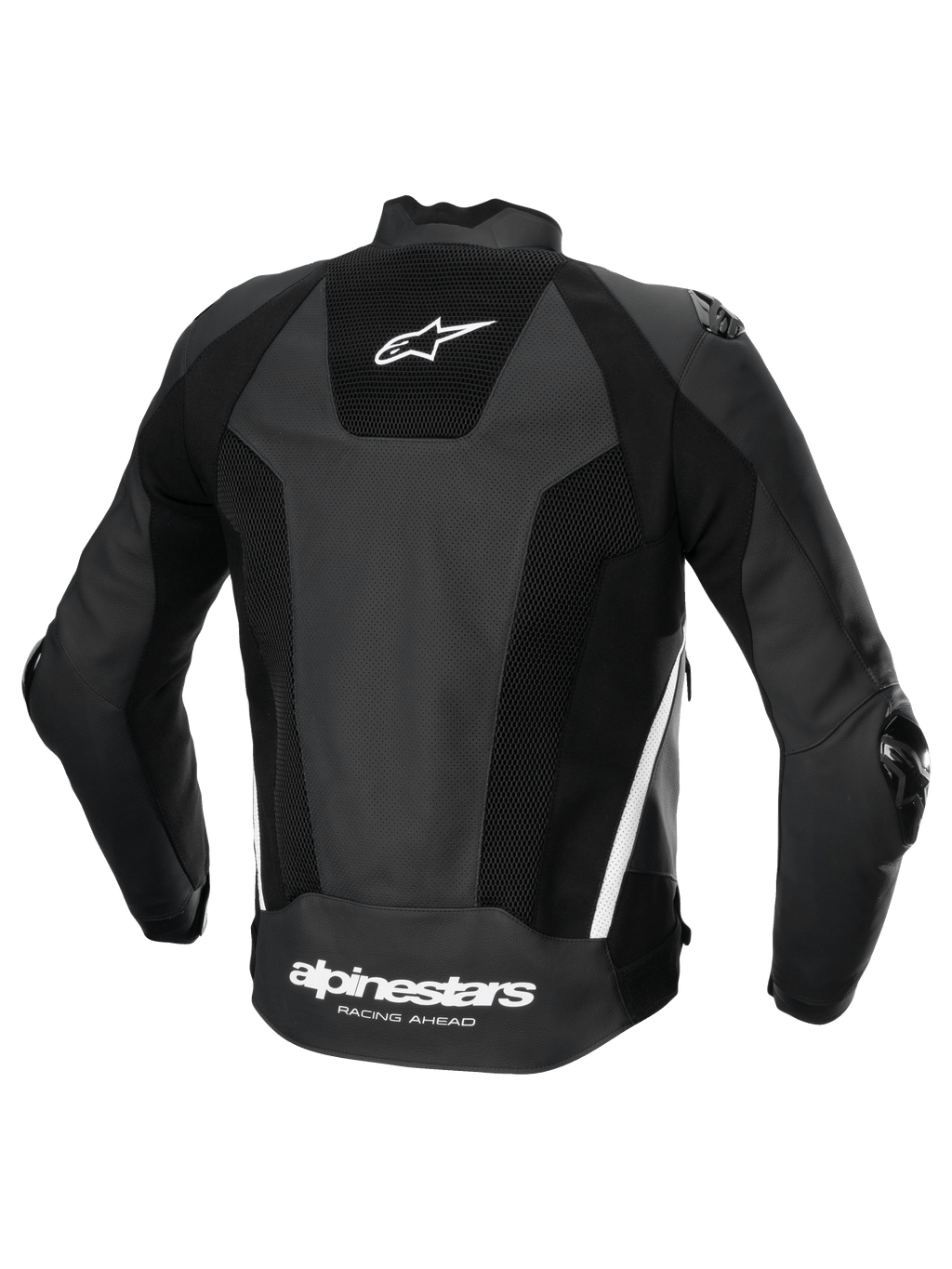 Alpinestars Missile V3 Airflow Lederjacke, Herren-Motorradrennjacke, Rückansicht, Schwarz und Weiß, perforiertes Premium-Leder mit Stretch-Paneelen und Alpinestars-Logo-Branding auf dem Rücken