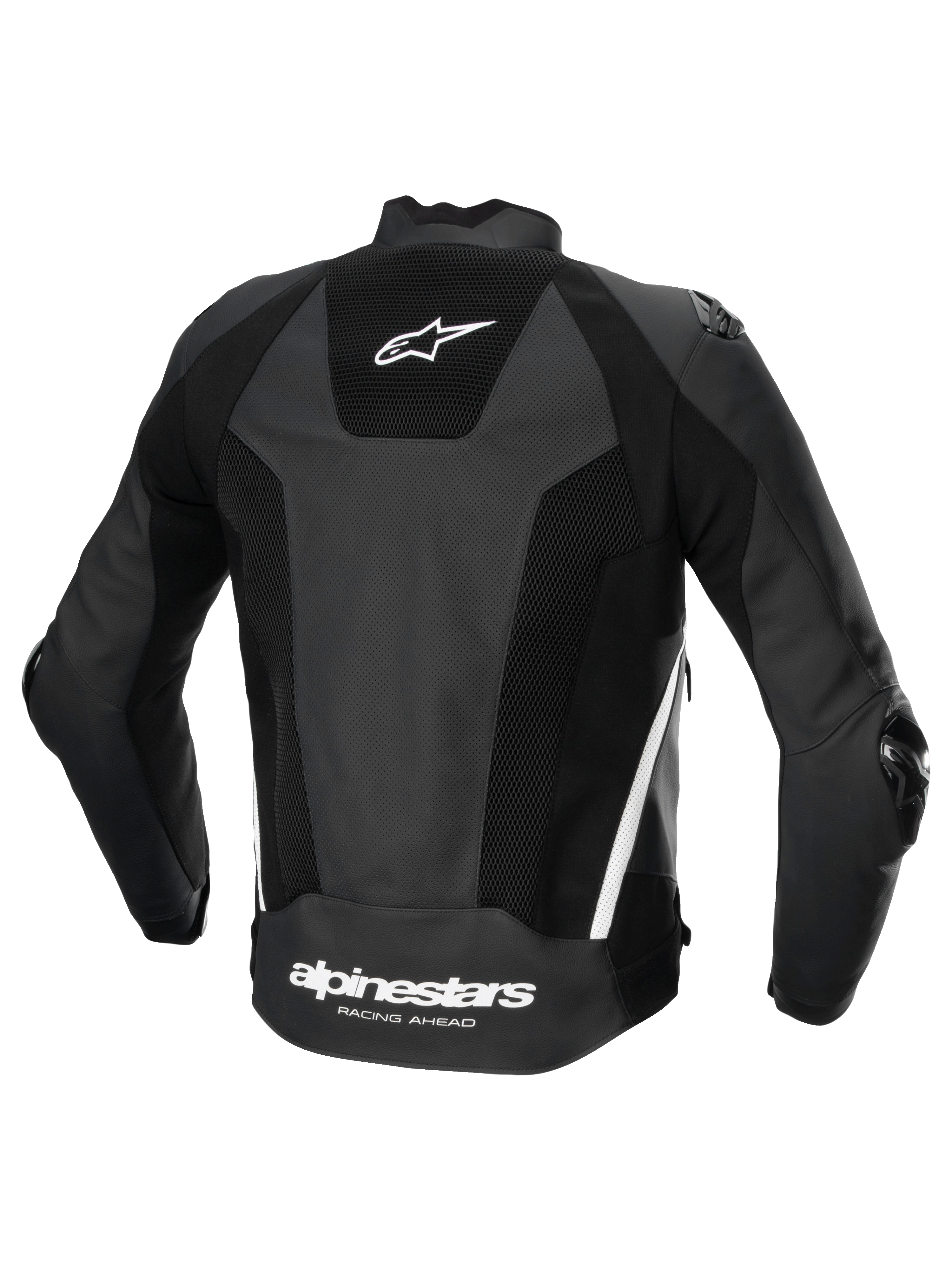 Alpinestars Missile V3 Airflow Lederjacke, Herren-Motorradrennjacke, Rückansicht, Schwarz und Weiß, perforiertes Premium-Leder mit Stretch-Paneelen und Alpinestars-Logo-Branding auf dem Rücken