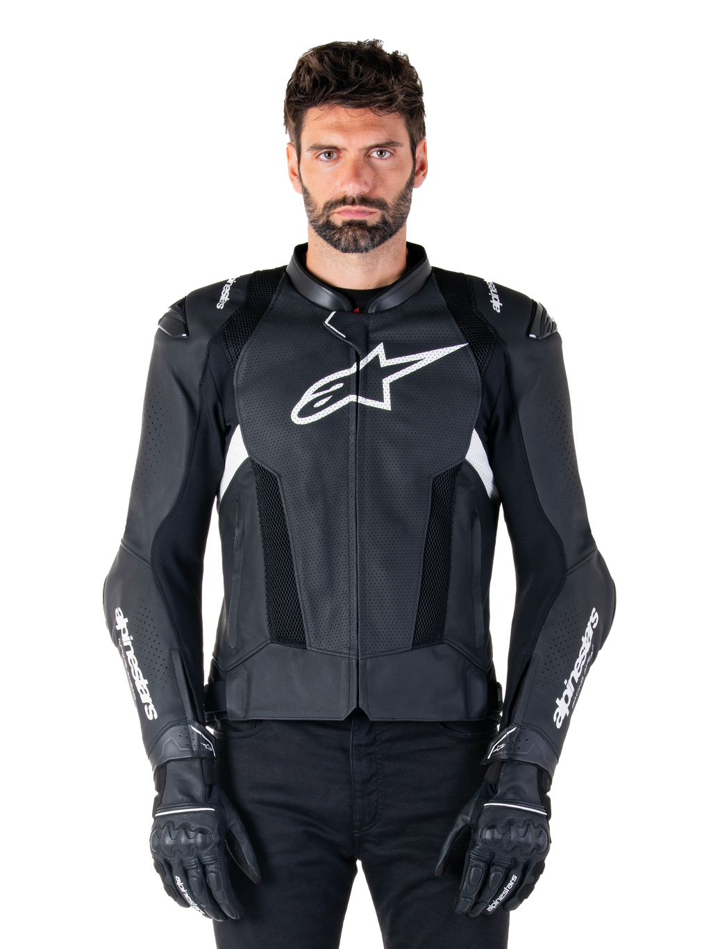 Alpinestars Missile V3 Airflow Lederjacke, Schwarz und Weiß, Motorrad-Rennjacke mit perforierten Leder-Belüftungseinsätzen, großes weißes Stern-Logo auf der Brust, getragen mit passenden Handschuhen, sportliches Schutzdesign