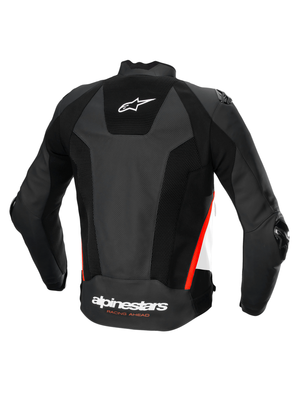 Alpinestars Veste En Cuir Missile V3 Airflow, veste de moto racing pour homme, vue de dos, noire avec des accents blancs et rouge fluo, construction en cuir perforé certifiée CE