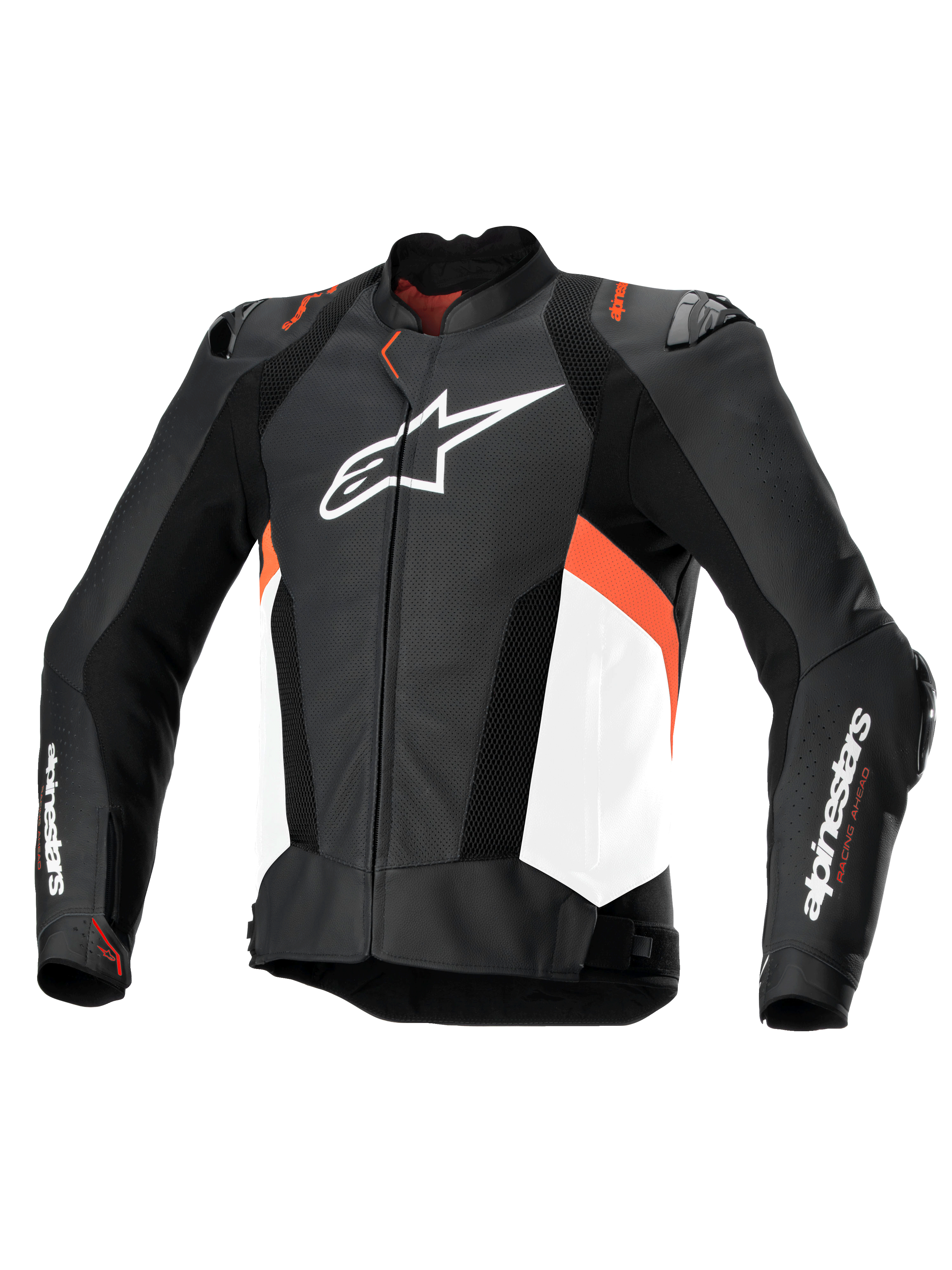 Alpinestars Veste En Cuir Missile V3 Airflow, veste de moto racing pour homme, noire, blanche et rouge fluo, en cuir perforé, certifiée CE