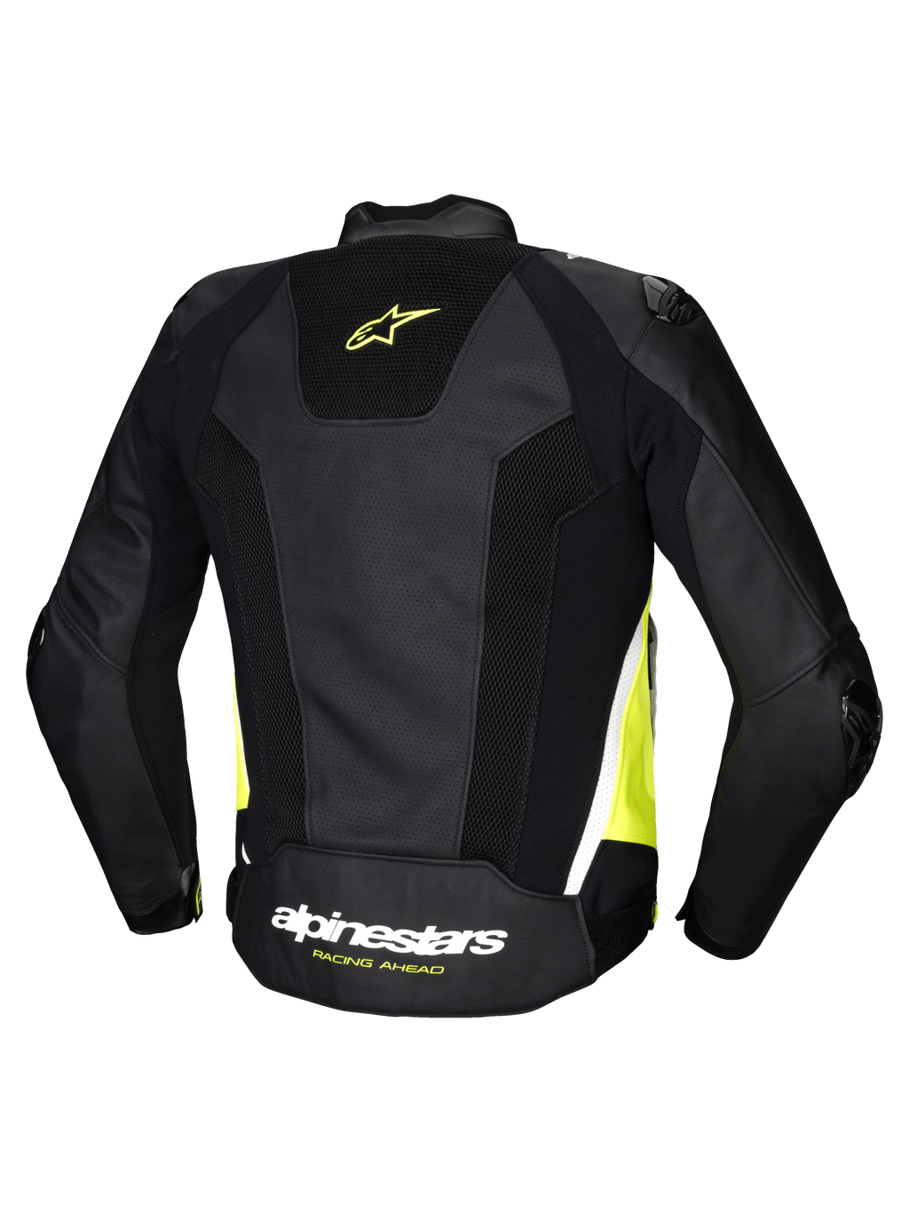 Alpinestars Missile V3 Airflow Lederjacke, Herren-Rennmotorradjacke, Rückansicht in Schwarz, Gelb Fluo und Weiß mit perforiertem Leder und Stretch-Einsätzen, CE-zertifiziert Klasse AA