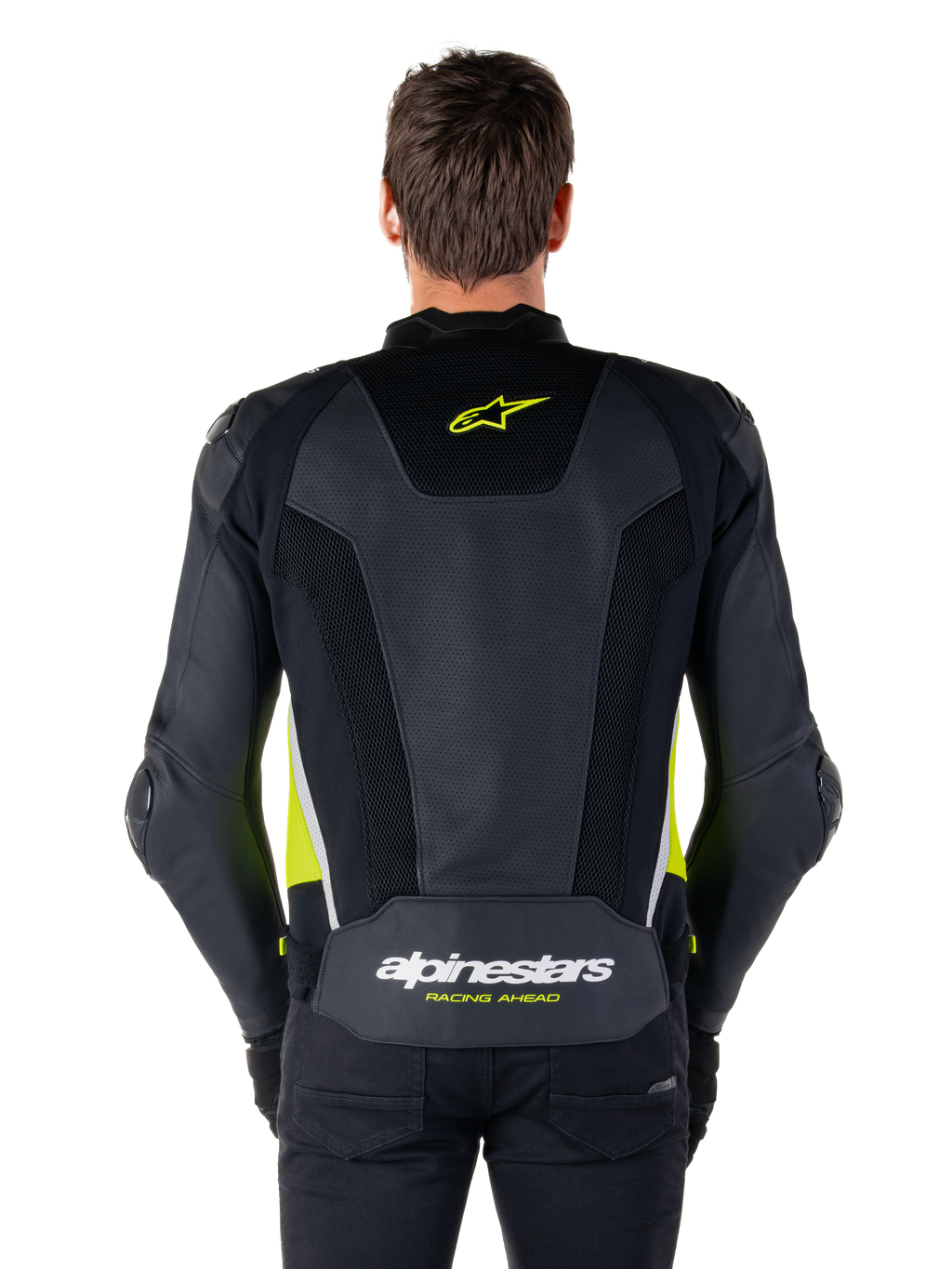 Alpinestars Missile V3 Airflow Lederjacke, Rückansicht, Schwarz mit gelb-fluo und weißen Akzenten, großflächige perforierte Lederbahnen zur Kühlung, Alpinestars-Logo auf dem oberen und unteren Rücken, rennsportinspirierte Motorrad-Sportjacke