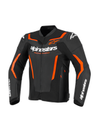 Alpinestars GP Force V2 Lederjacke, Motorrad-Sportjacke, Schwarz und Rot Fluo, mit weißem Alpinestars-Branding und leuchtenden orange-roten Akzenten, professionelle Lederkonstruktion mit Sport-Passform-Design