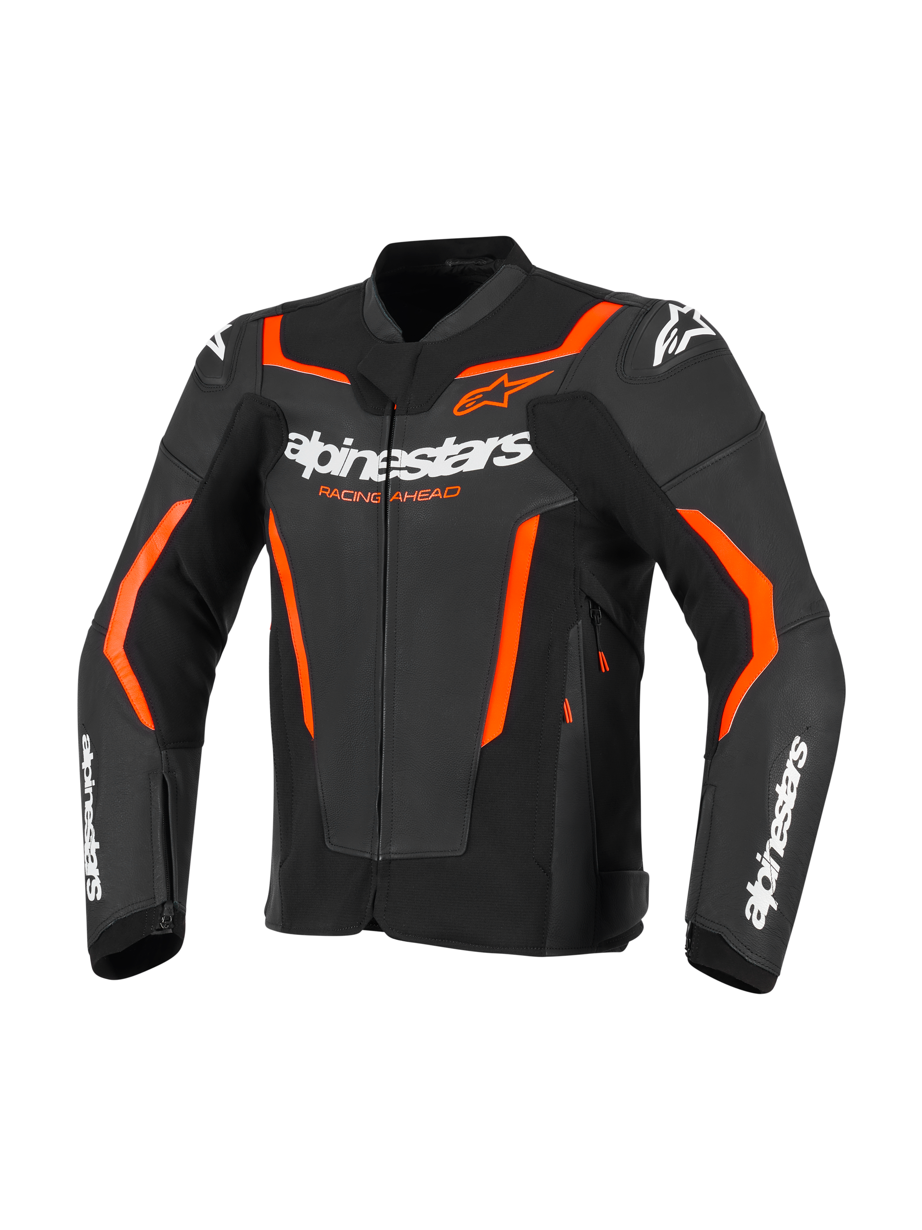 Alpinestars GP Force V2 Lederjacke, Motorrad-Sportjacke, Schwarz und Rot Fluo, mit weißem Alpinestars-Branding und leuchtenden orange-roten Akzenten, professionelle Lederkonstruktion mit Sport-Passform-Design