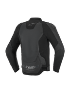Veste en cuir Alpinestars GP Force V2, veste de moto, noire, vue de dos mettant en évidence la construction multi-panneaux en cuir et textile, avec le logo Alpinestars au niveau de la nuque et le marquage « Racing Ahead » sur l'ourlet inférieur.