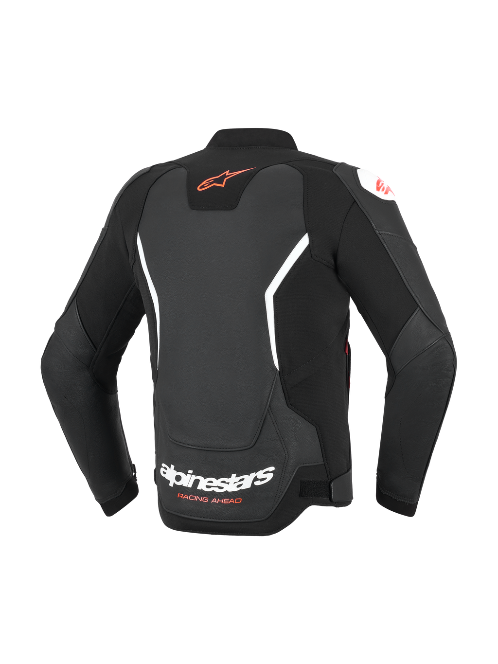 Alpinestars GP Force V2 Lederjacke, Schwarz mit weißen und roten Akzenten, Rückansicht mit rotem Astar-Logo am oberen Rücken und weißem Alpinestars-Schriftzug am unteren Rücken, Sport-Passform, Leder-Motorradjacke mit Akkordeon-Stretcheinsätzen