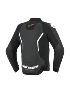 Alpinestars GP Force V2 Lederjacke, Schwarz mit weißen und roten Akzenten, Rückansicht mit rotem Astar-Logo am oberen Rücken und weißem Alpinestars-Schriftzug am unteren Rücken, Sport-Passform, Leder-Motorradjacke mit Akkordeon-Stretcheinsätzen