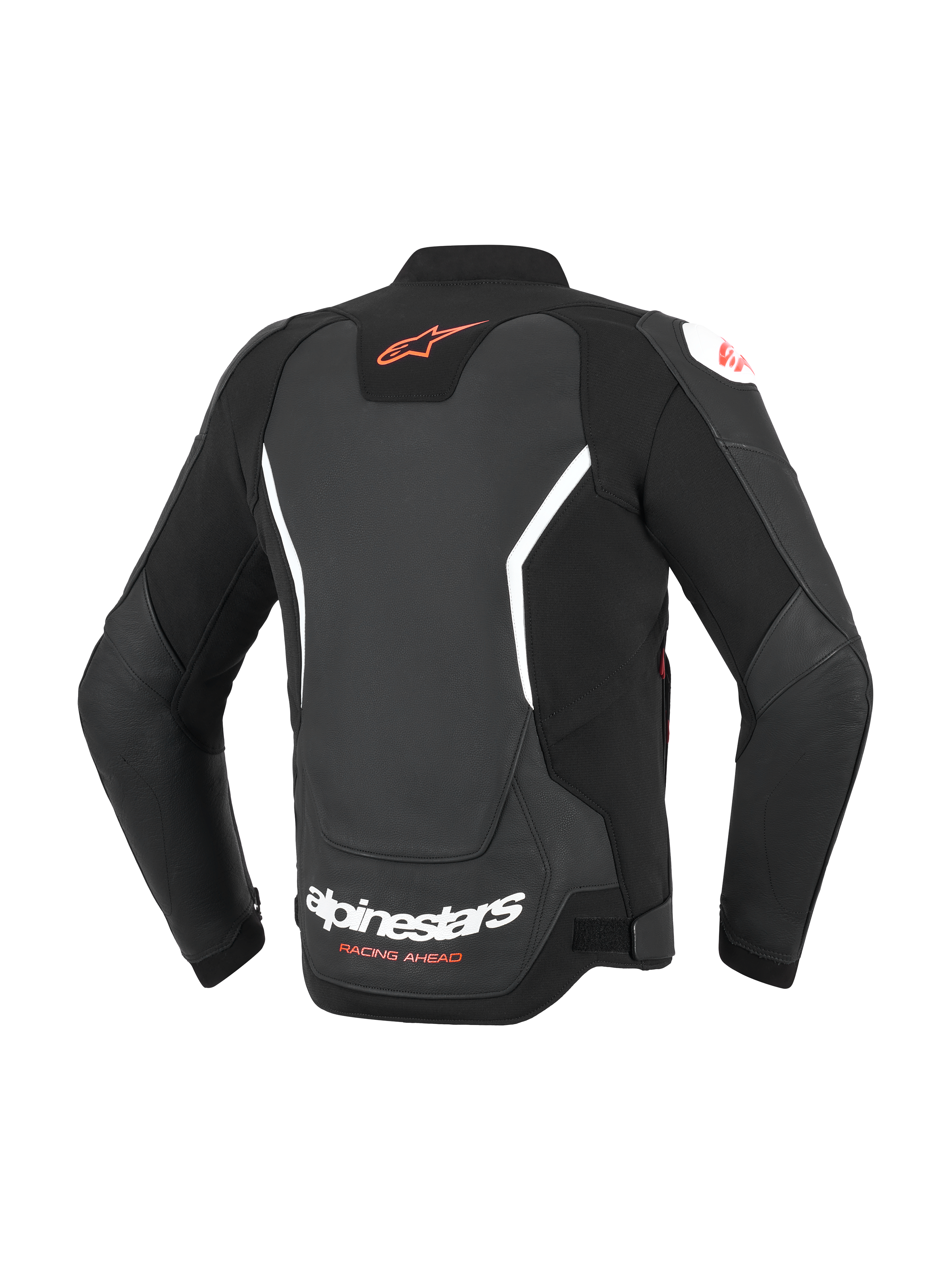 Alpinestars GP Force V2 Lederjacke, Schwarz mit weißen und roten Akzenten, Rückansicht mit rotem Astar-Logo am oberen Rücken und weißem Alpinestars-Schriftzug am unteren Rücken, Sport-Passform, Leder-Motorradjacke mit Akkordeon-Stretcheinsätzen