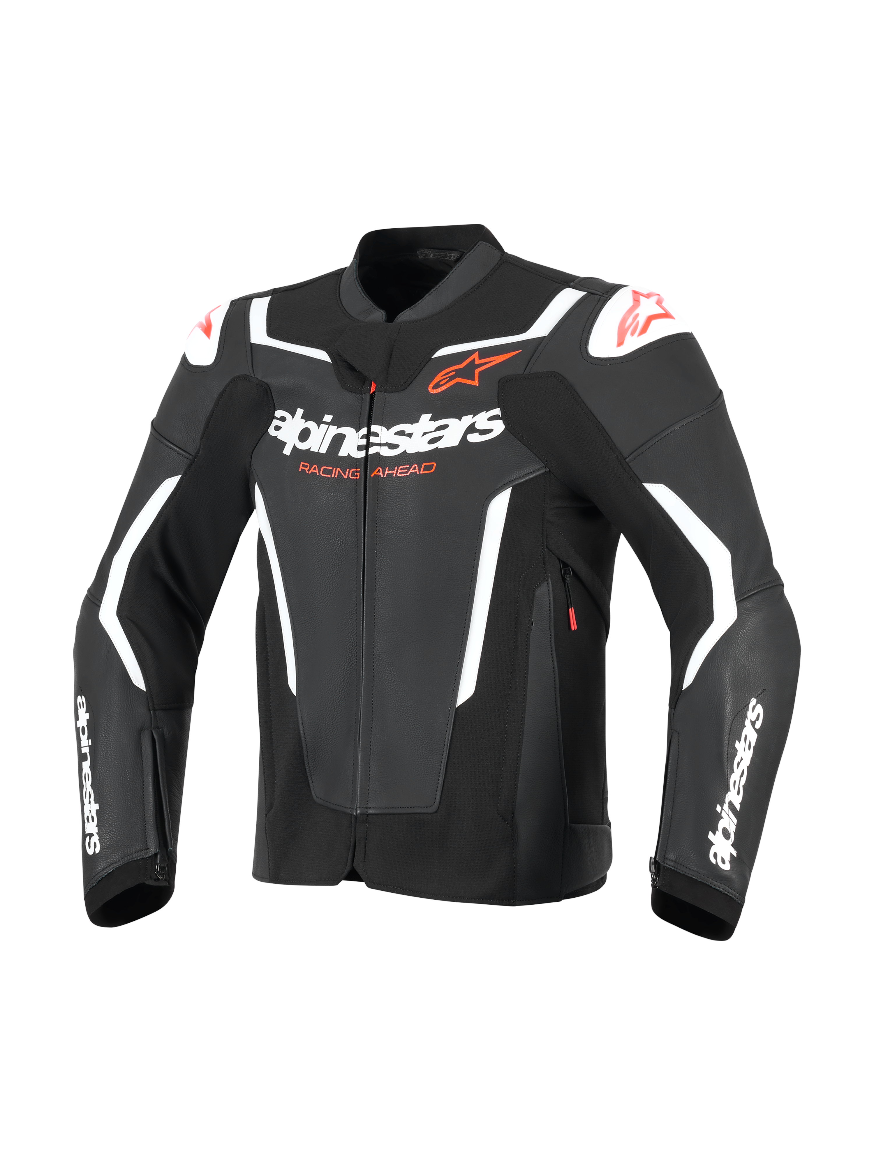 Alpinestars GP Force V2 Lederjacke, Sport-Motorradjacke, Schwarz und Weiß, mit markantem weißen Alpinestars-Schriftzug auf der Brust und den Ärmeln, roten Stern-Logos und externen Schulterschleifern, professionelles, vom Rennsport inspiriertes Lederdesign.