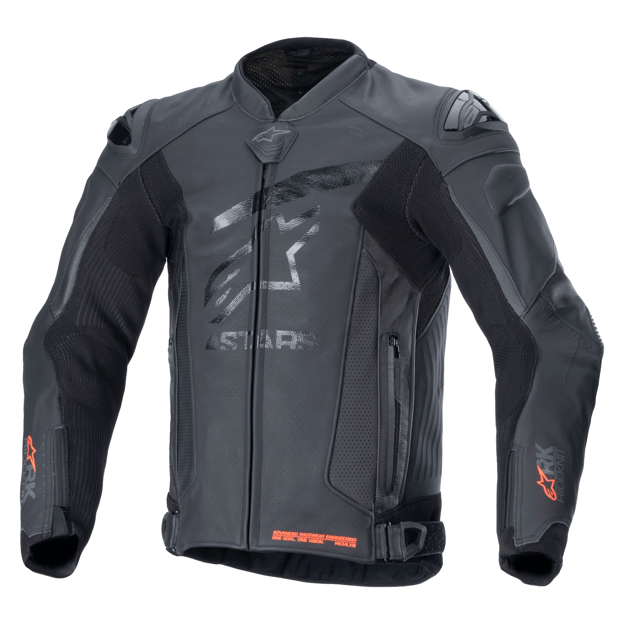 Alpinestars GP Plus R V4 Rideknit leren jas, zwart, professionele motorracejas, tonaal sterlogo op de borst, rode Rideknit-accenten op de manchetten en onderste zoom, geperforeerde ventilatiepanelen, DFS schoudersliders, premium leren constructie met geïntegreerde RIDEKNIT-technologie