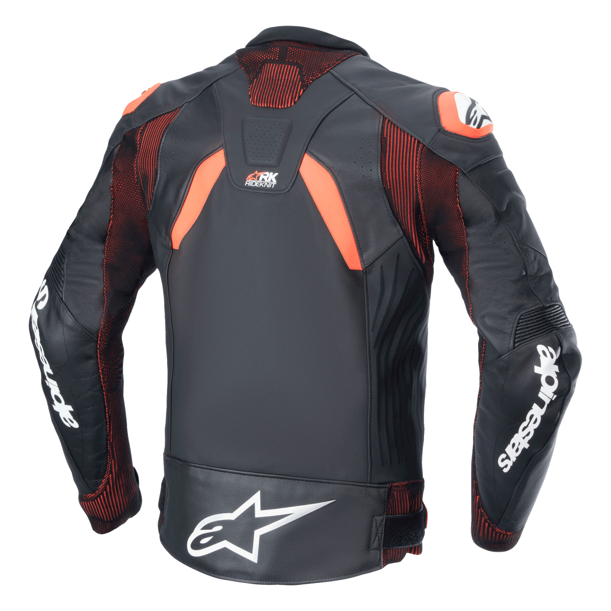 Alpinestars GP Plus R V4 Rideknit Lederjacke, Schwarz Rot Fluo Weiß, Rückansicht, mit technischen RIDEKNIT® Stretch-Einsätzen und hochwertiger Lederkonstruktion, weißes Alpinestars-Branding auf den Ärmeln und dem unteren Rücken