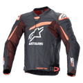 Alpinestars GP Plus R V4 Rideknit Lederjacke, Motorrad-Rennjacke in Schwarz und Orange mit weißen Logos, perforierte Brust und Ärmel, orangefarbene Schulterakzente, Frontreißverschluss mit verstellbaren Taillenriemen, strapazierfähiges sportliches Design