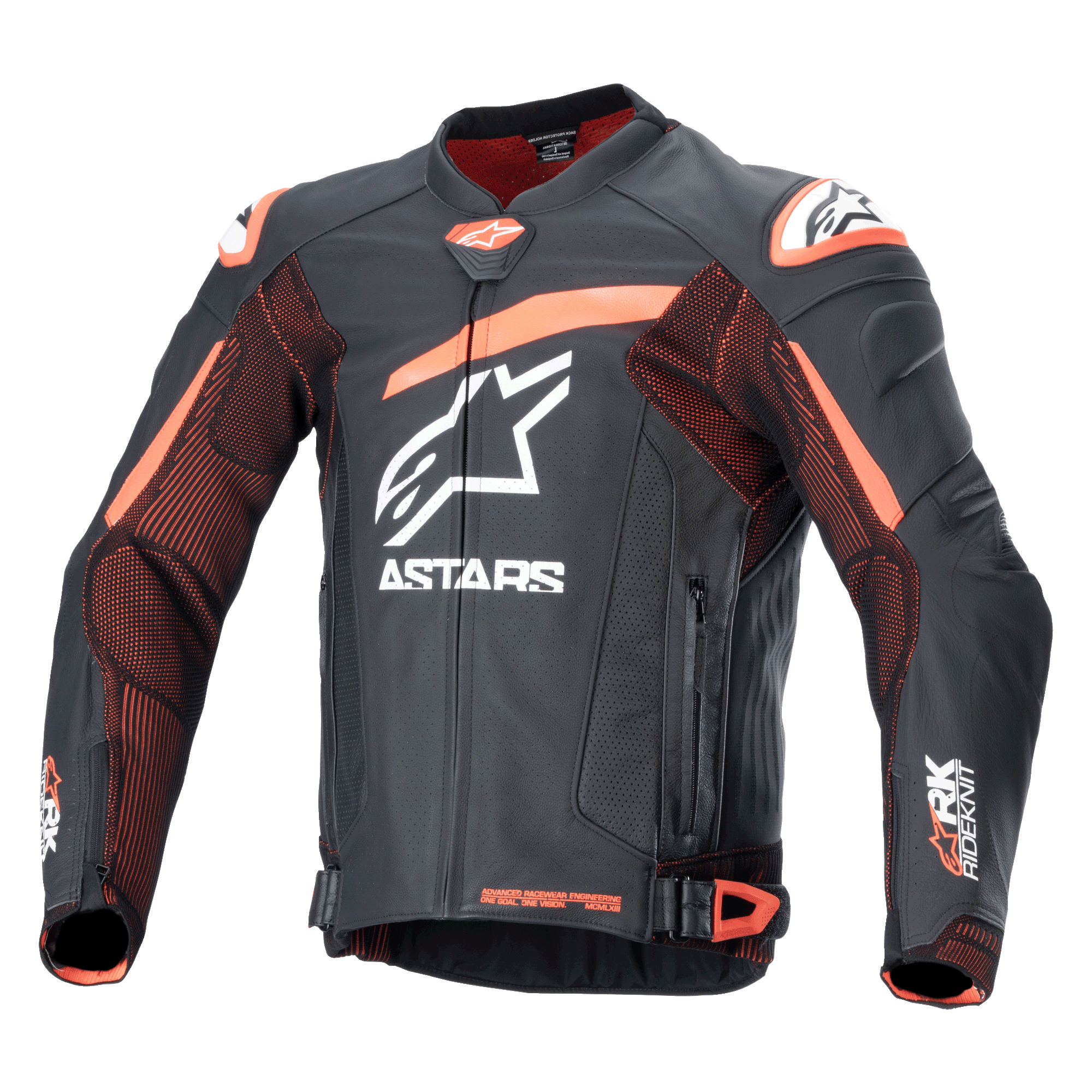 Alpinestars GP Plus R V4 Rideknit Lederjacke, Motorrad-Rennjacke in Schwarz und Orange mit weißen Logos, perforierte Brust und Ärmel, orangefarbene Schulterakzente, Frontreißverschluss mit verstellbaren Taillenriemen, strapazierfähiges sportliches Design
