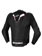 Alpinestars Missile V3 Ignition Lederjacke, Rückansicht einer Herren-Motorradrennjacke in Schwarz und Weiß mit roten Akzenten, mit aerodynamischem Sport-Höcker und Rindsleder