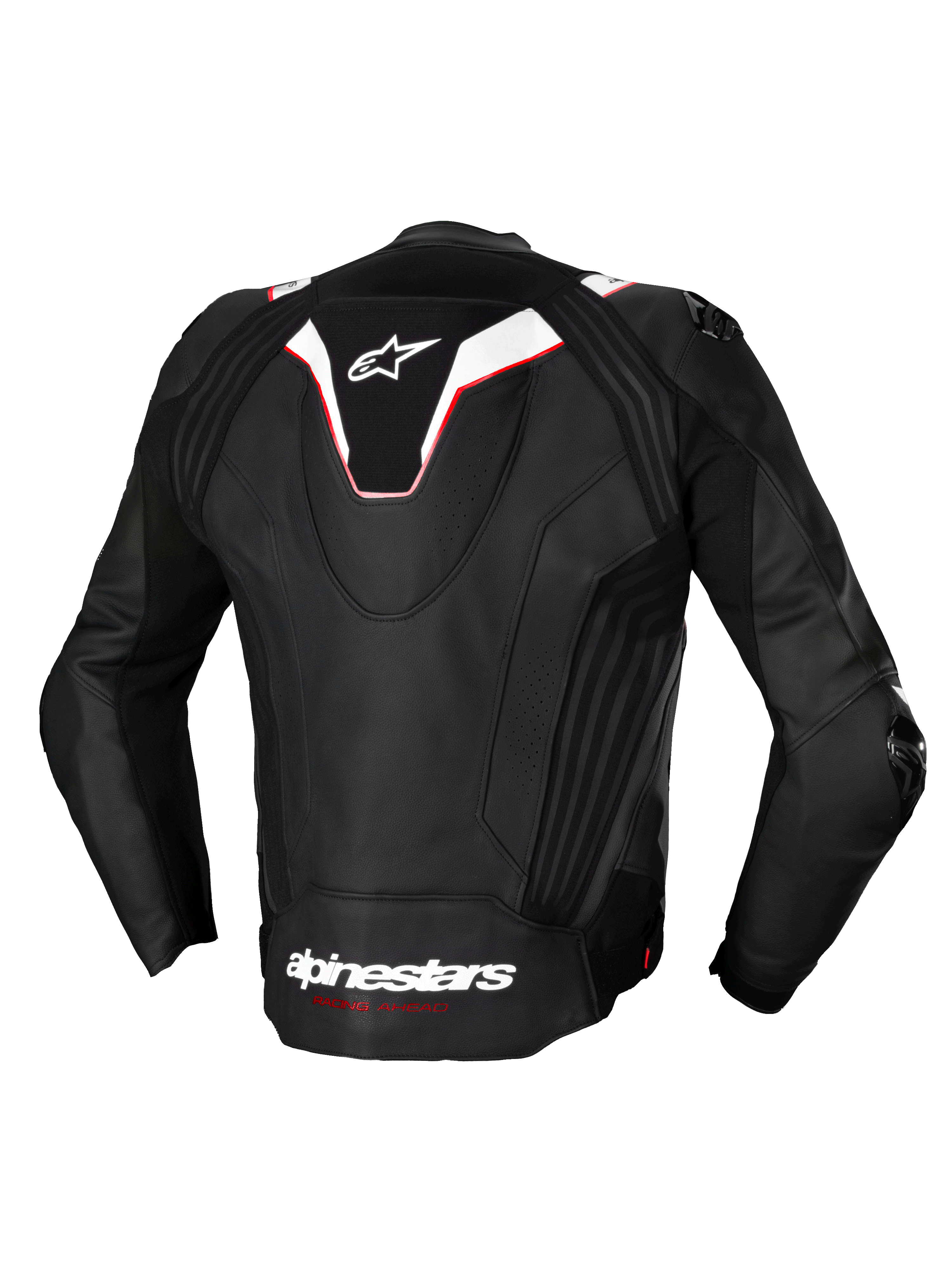 Alpinestars Missile V3 Ignition Lederjacke, Rückansicht einer Herren-Motorradrennjacke in Schwarz und Weiß mit roten Akzenten, mit aerodynamischem Sport-Höcker und Rindsleder
