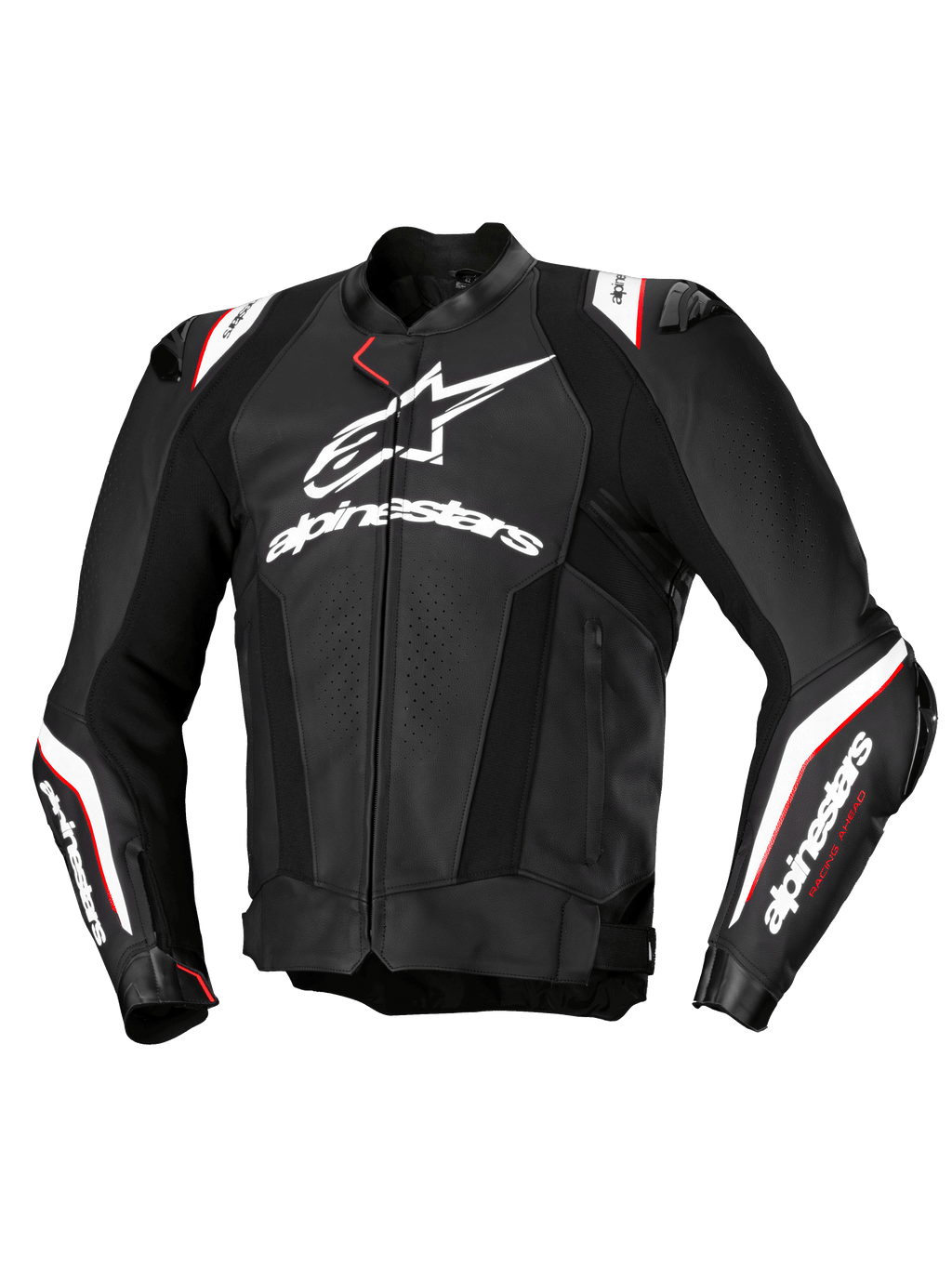 Alpinestars Missile V3 Ignition Lederjacke, Herren-Motorradrennjacke, Schwarz und Weiß mit roten Akzenten, CE-zertifiziert AA, Rindsleder