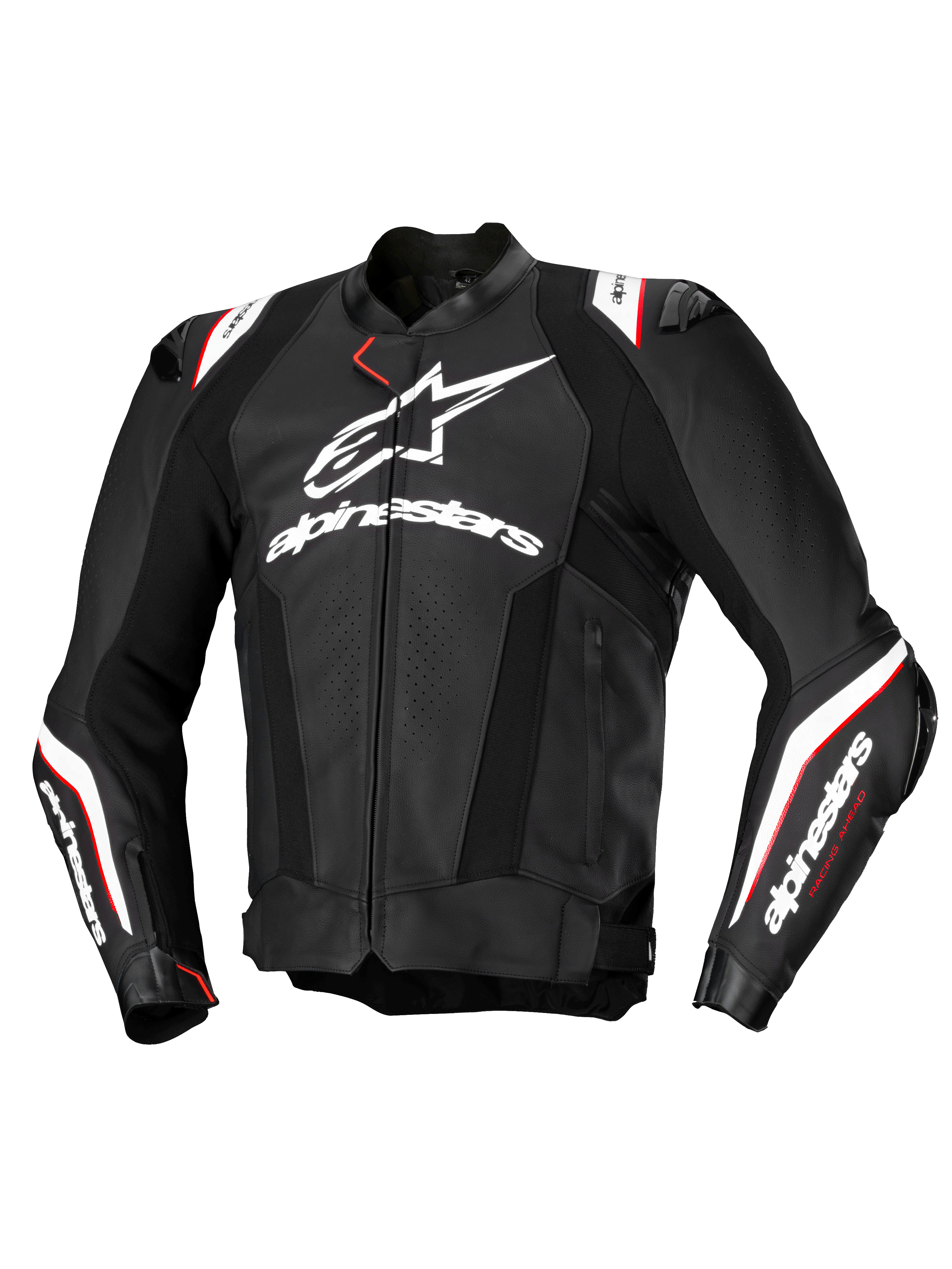 Alpinestars Missile V3 Ignition Lederjacke, Herren-Motorradrennjacke, Schwarz und Weiß mit roten Akzenten, CE-zertifiziert AA, Rindsleder