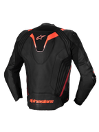 Alpinestars Veste En Cuir Missile V3 Ignition, veste de moto racing pour homme, noir et rouge fluo, certifiée CE, cuir bovin premium avec bosse aéro et panneaux stretch, vue de dos