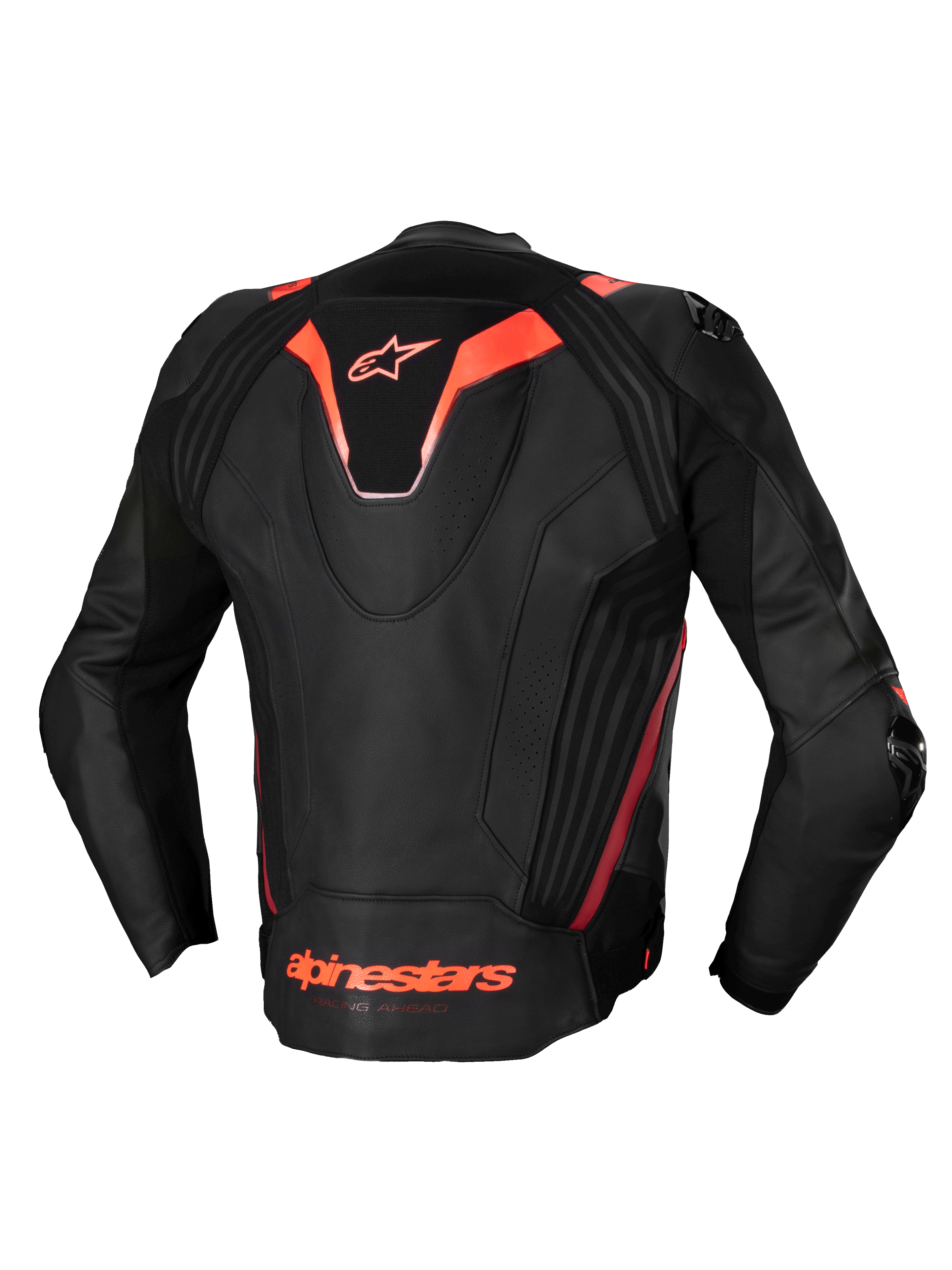 Alpinestars Veste En Cuir Missile V3 Ignition, veste de moto racing pour homme, noir et rouge fluo, certifiée CE, cuir bovin premium avec bosse aéro et panneaux stretch, vue de dos