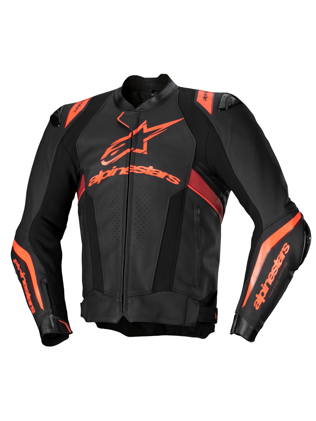 Alpinestars Veste En Cuir Missile V3 Ignition, veste de moto racing pour homme, noire et rouge fluo, en cuir bovin premium avec protections d'épaules et curseurs