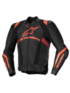 Alpinestars Veste En Cuir Missile V3 Ignition, veste de moto racing pour homme, noire et rouge fluo, en cuir bovin premium avec protections d'épaules et curseurs