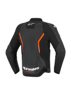 Alpinestars GP Force V2 Air Lederjacke, Rückansicht, Schwarz und Fluo-Rot, großes perforiertes Rückenpanel für optimale Belüftung, weißes Alpinestars-Logo und „Racing Ahead“-Schriftzug am unteren Rücken, ergonomisch vorgekrümmte Ärmel.