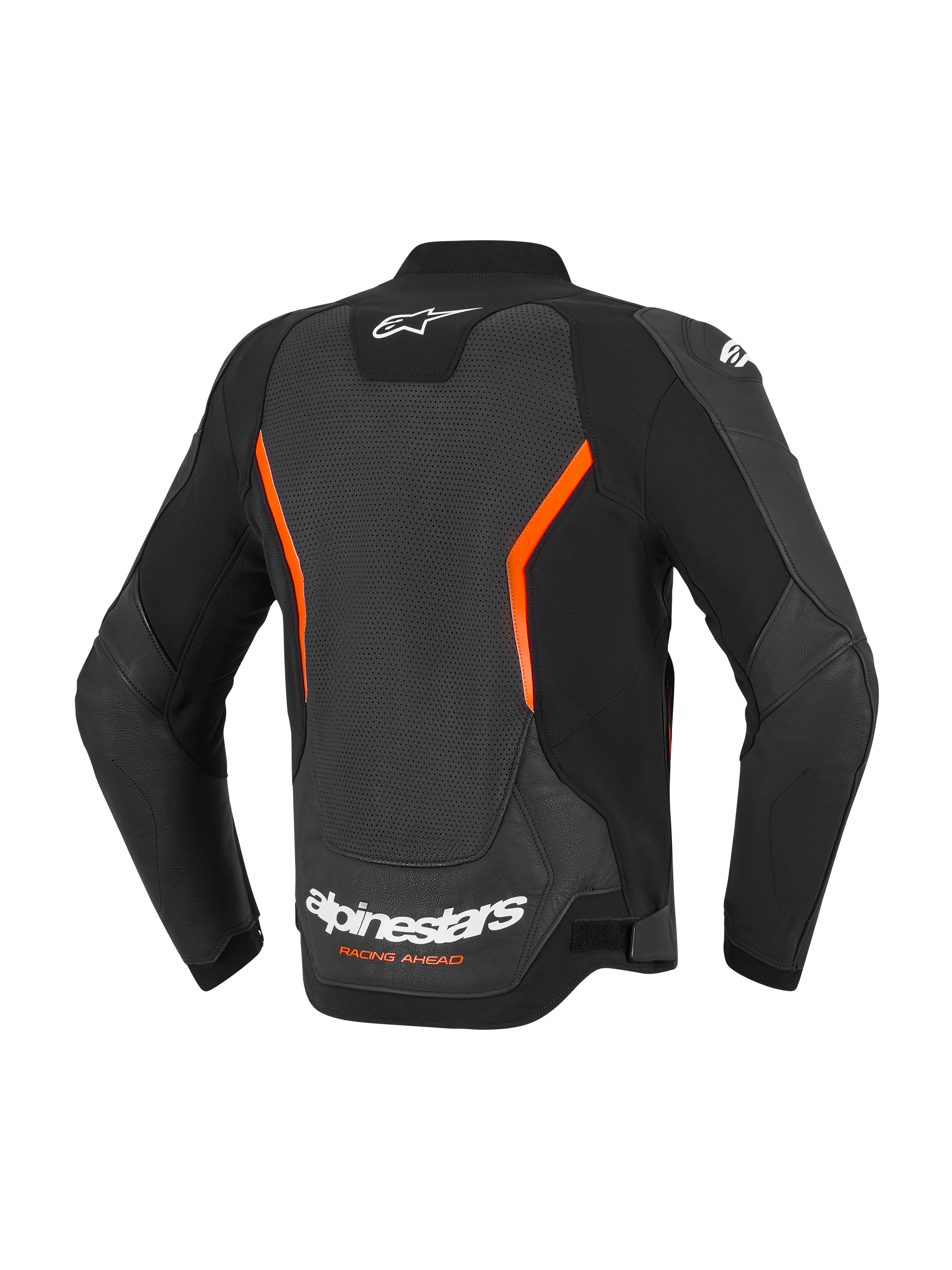 Alpinestars GP Force V2 Air Lederjacke, Rückansicht, Schwarz und Fluo-Rot, großes perforiertes Rückenpanel für optimale Belüftung, weißes Alpinestars-Logo und „Racing Ahead“-Schriftzug am unteren Rücken, ergonomisch vorgekrümmte Ärmel.