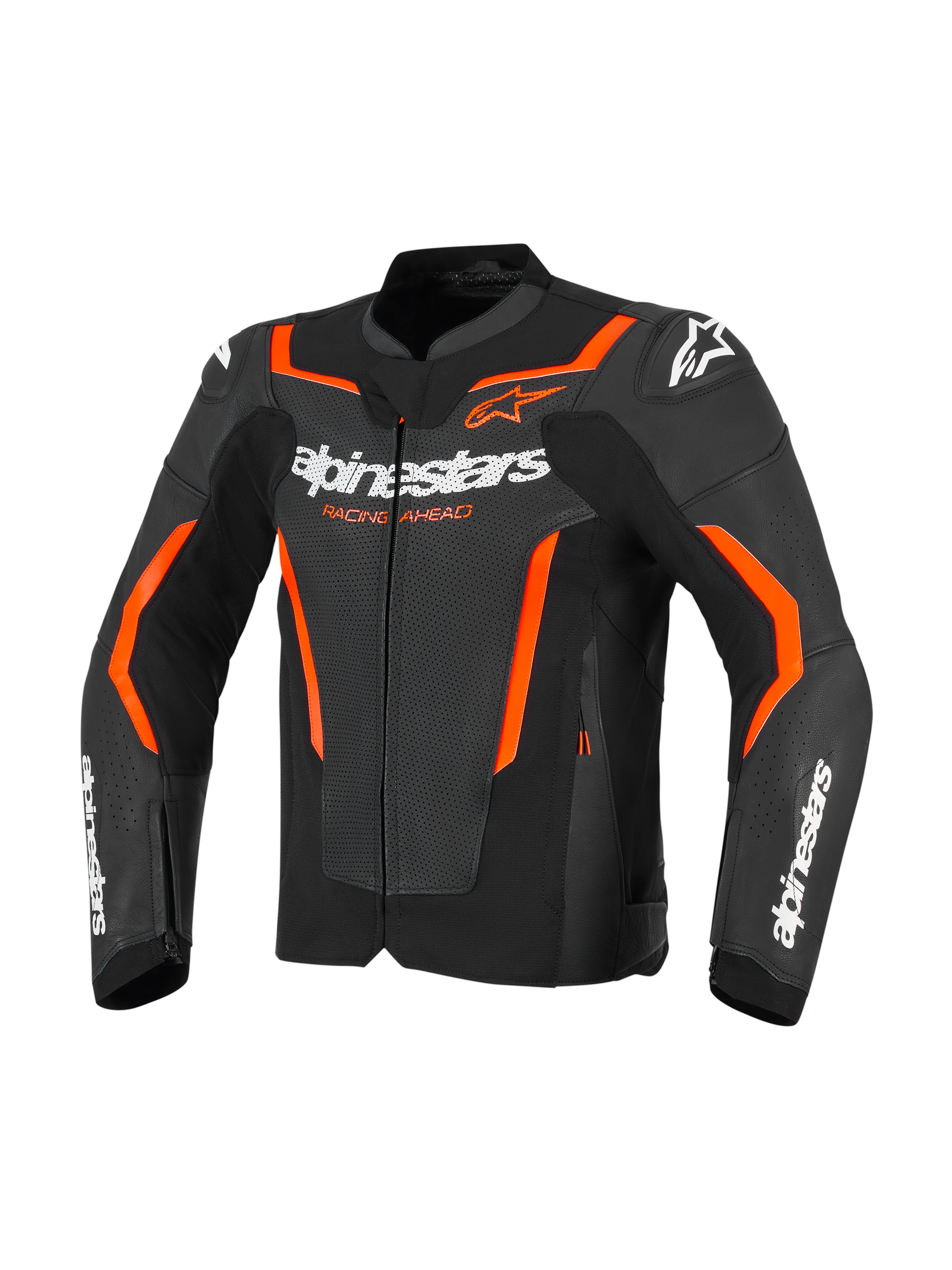 Alpinestars GP Force V2 Air Lederjacke, Schwarz und Red Fluo, perforierte Motorrad-Lederjacke mit weißem Alpinestars-Branding auf der Brust und den Ärmeln, leuchtend orangefarbenen Akzenten und integrierten Schulterprotektoren, Vorderansicht.
