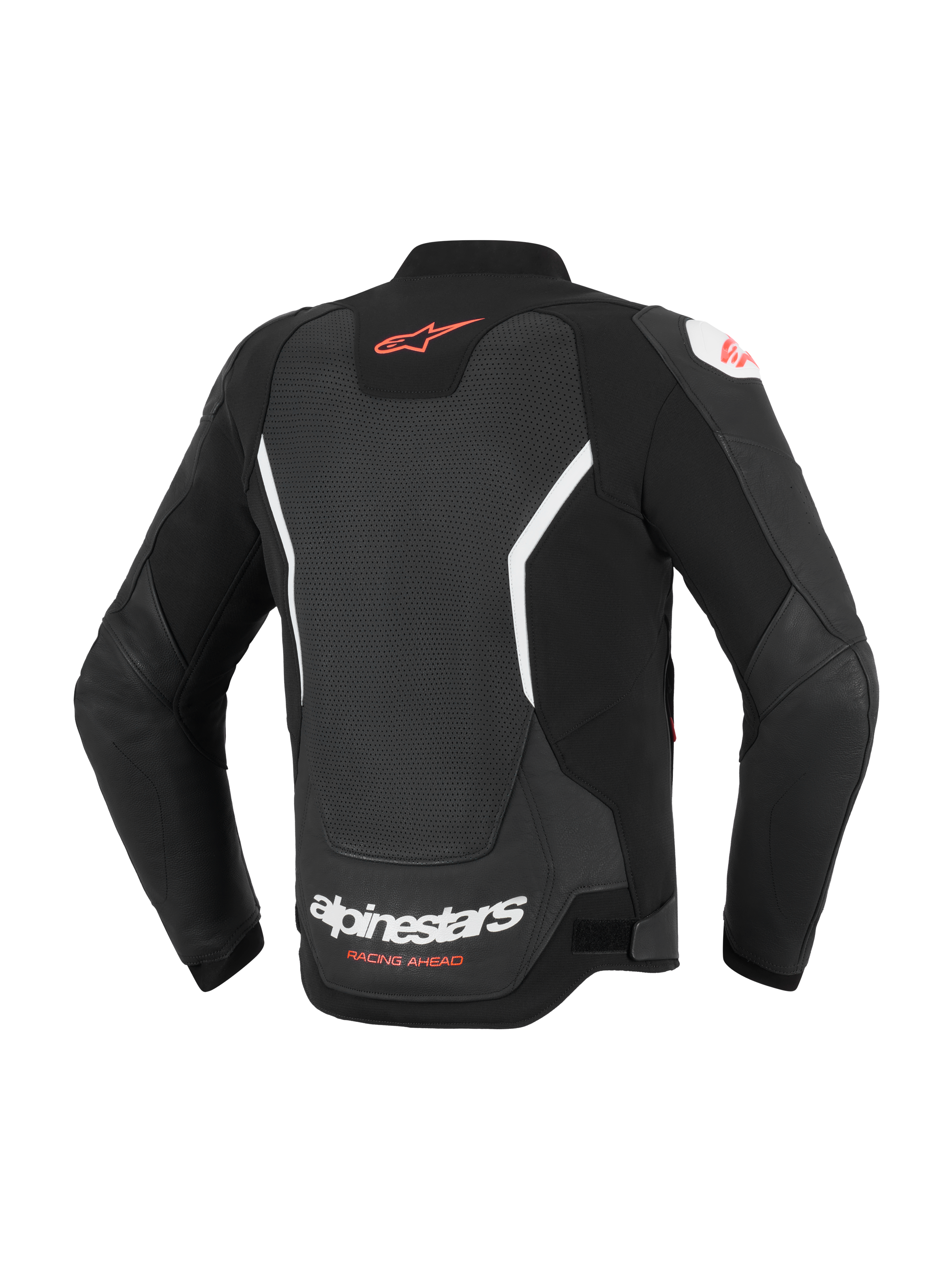 Alpinestars GP Force V2 Air Leren Jas, achteraanzicht, zwart en wit, voorzien van een uitgebreid geperforeerd rugpaneel voor ventilatie, rood Alpinestars-logo op de bovenrug, witte merknaam op de onderrug, hoogwaardige runderleren constructie voor sportief rijden