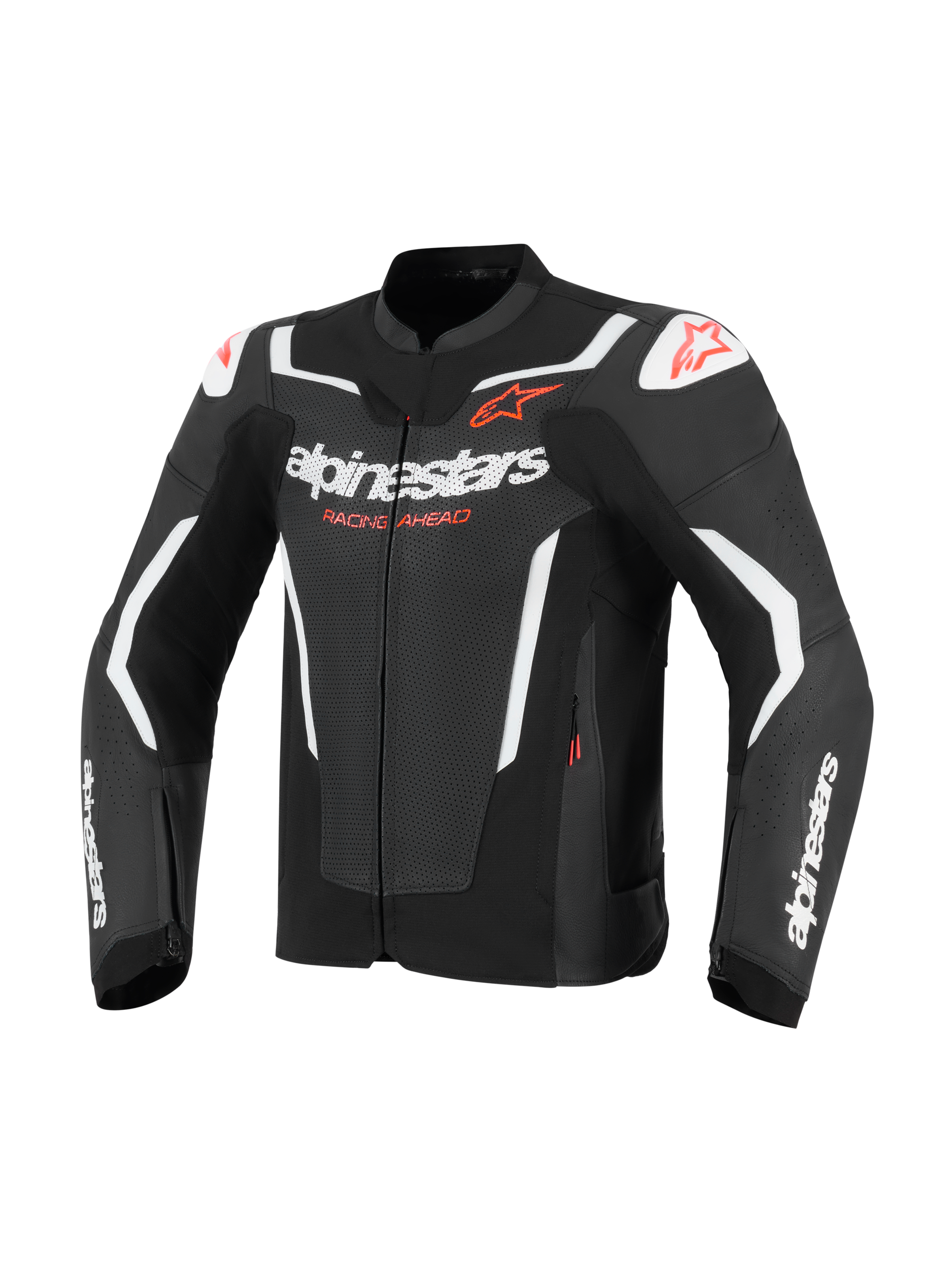 Alpinestars GP Force V2 Air leren jas, motorjas, zwart en wit met rode accenten, voorzien van geperforeerde leren panelen voor ventilatie, witte Alpinestars-logo's en 'Racing Ahead'-tekst, DFS-schouder sliders, sportief race-ontwerp