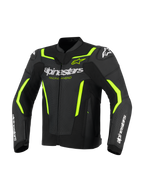 Alpinestars GP Force V2 Air Leather Jacket, blouson de moto en cuir, noir et jaune fluo, avec panneaux en cuir perforé pour la circulation de l'air, logo Alpinestars blanc sur la poitrine et les avant-bras, et accents jaune fluo sur les épaules et les manches pour un look sportif.