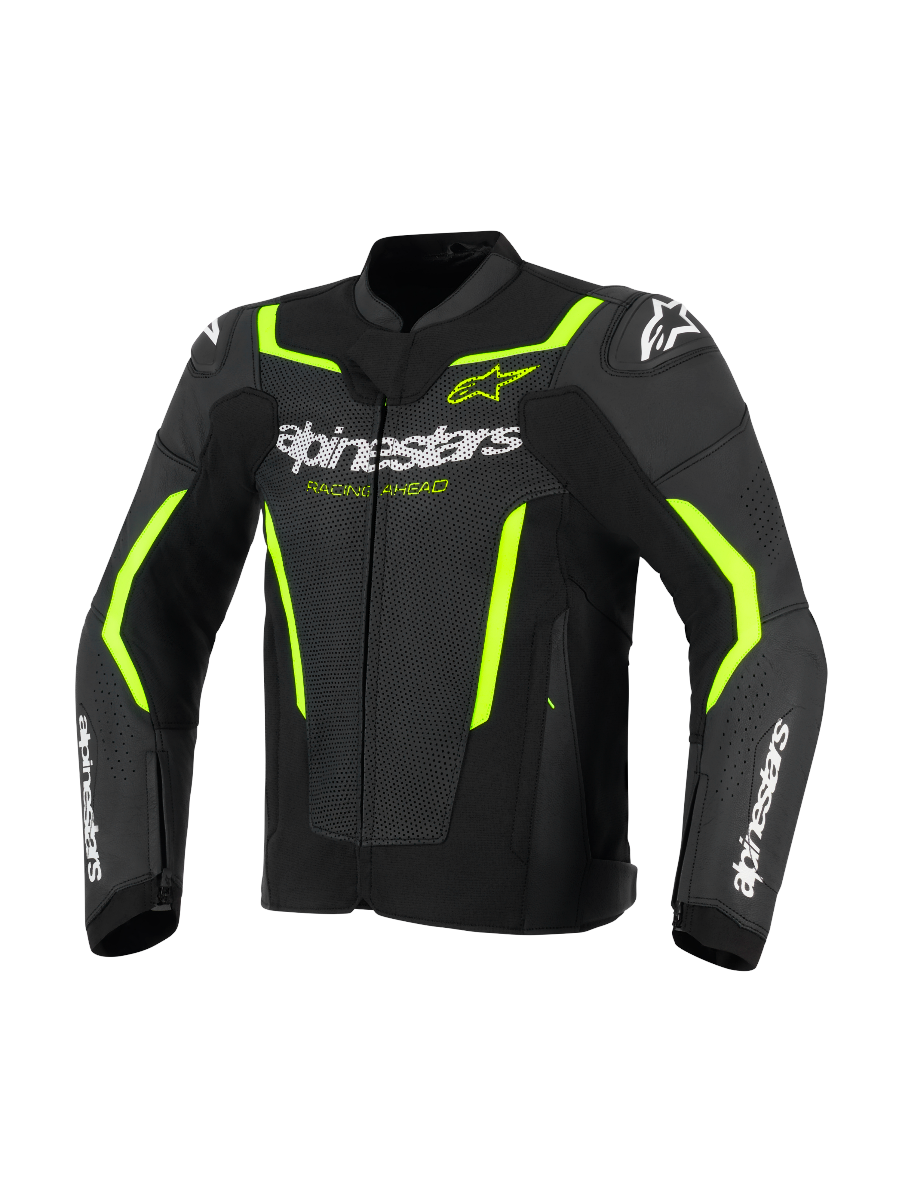 Alpinestars GP Force V2 Air Leather Jacket, blouson de moto en cuir, noir et jaune fluo, avec panneaux en cuir perforé pour la circulation de l'air, logo Alpinestars blanc sur la poitrine et les avant-bras, et accents jaune fluo sur les épaules et les manches pour un look sportif.