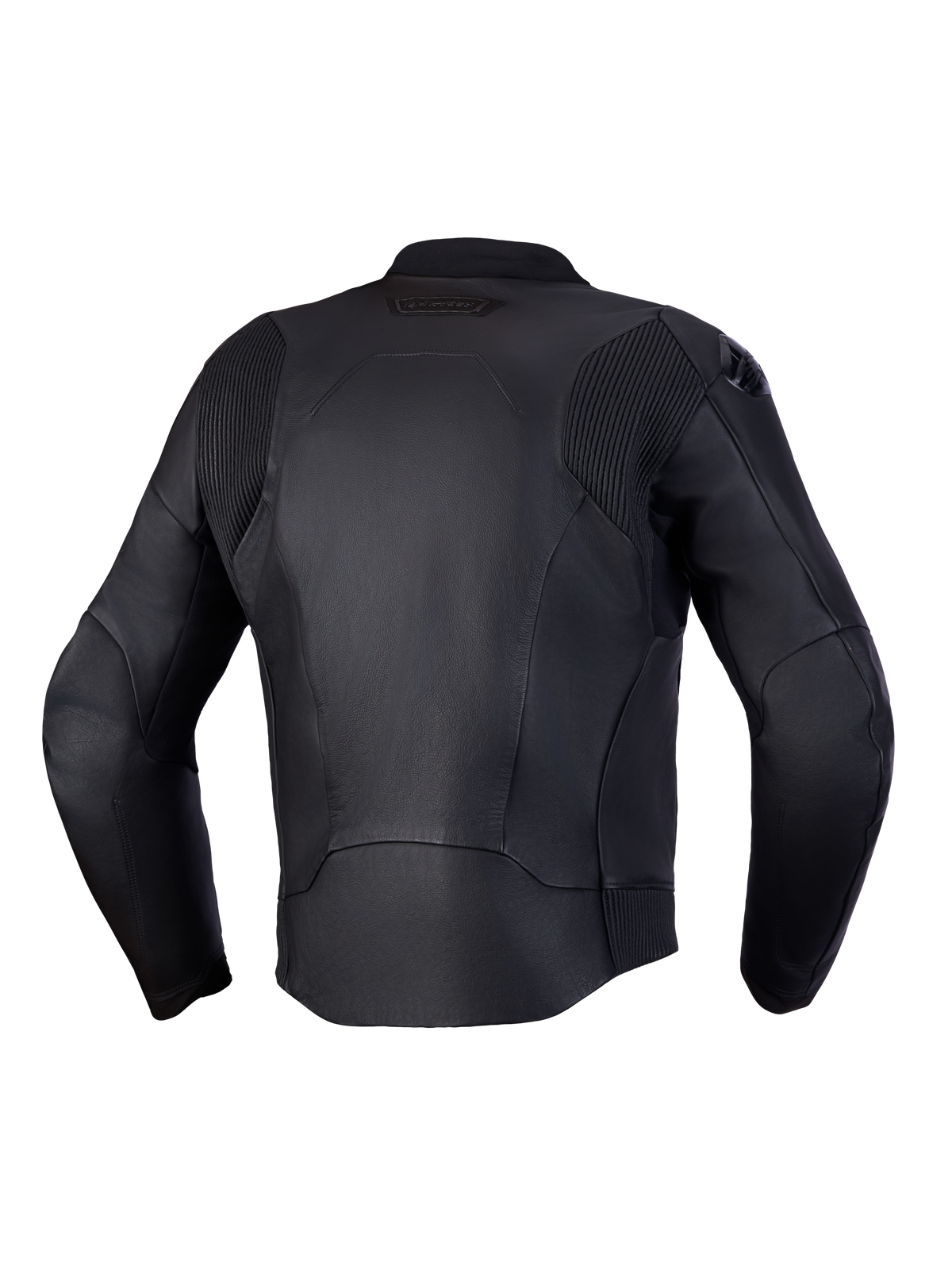 Alpinestars Caliber V2 Leather Jacket, Black men's motorcycle sports jacket, rear view showcasing accordion mobility panels on the shoulder blades and stealth full-grain bovine leather construction