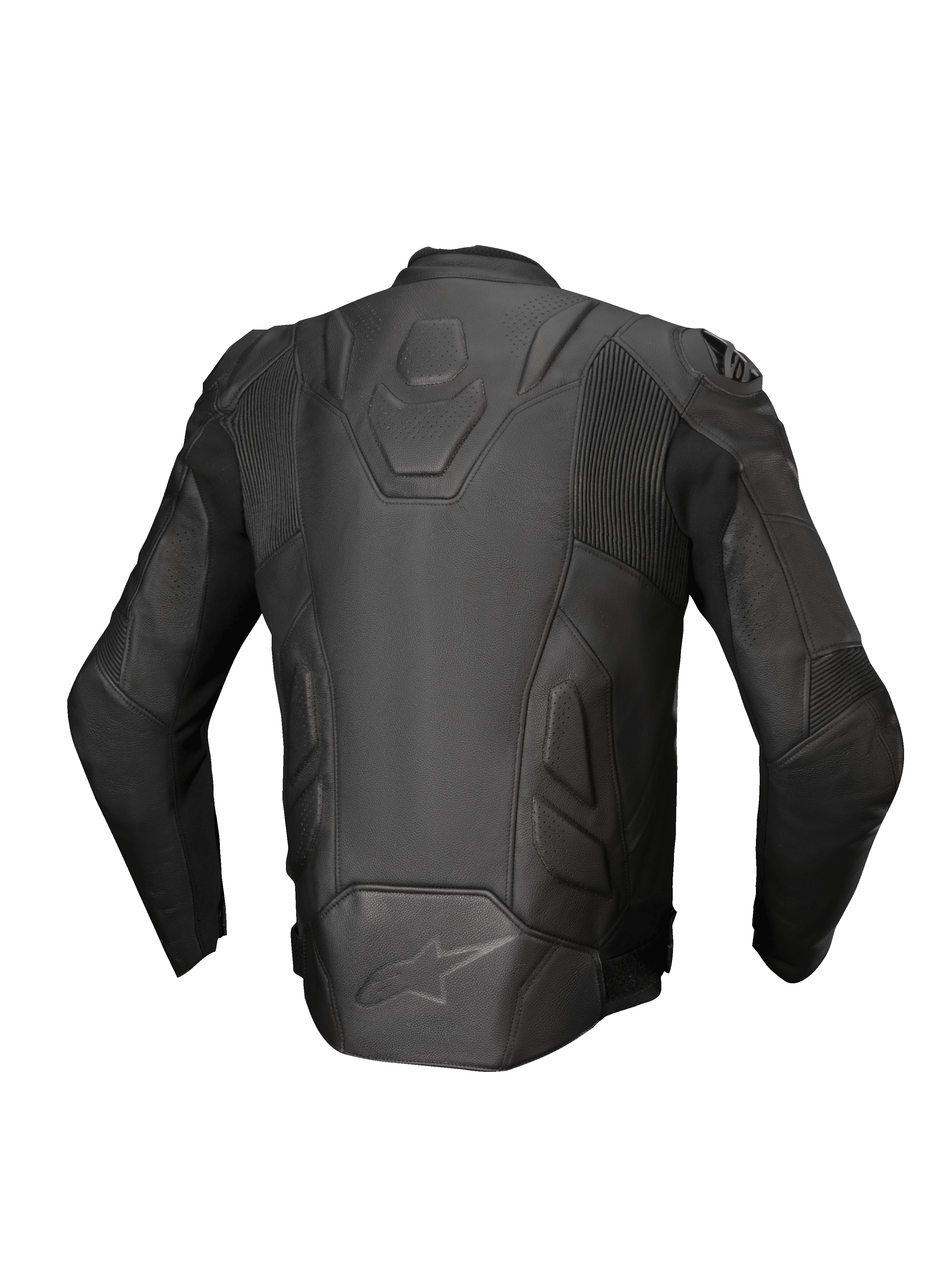 Alpinestars Dusk Lederjacke, Motorradjacke für Herren, Rückansicht, Schwarz, Premium-Leder mit Stretch-Akkordeon-Einsätzen.