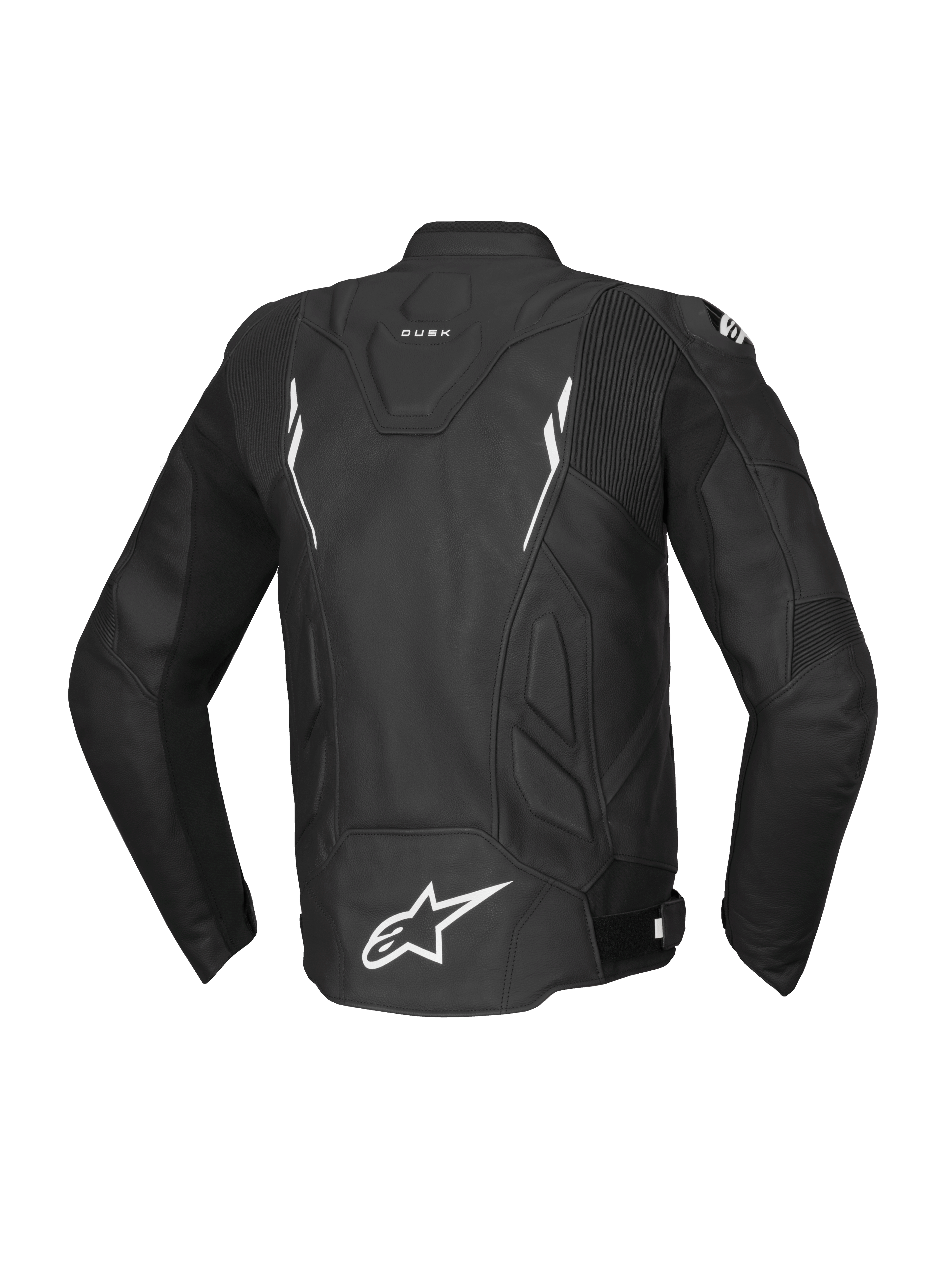 Alpinestars Dusk, veste de moto racing pour homme, noire et blanche, en cuir de bovin, compatible Tech-Air, vue de dos