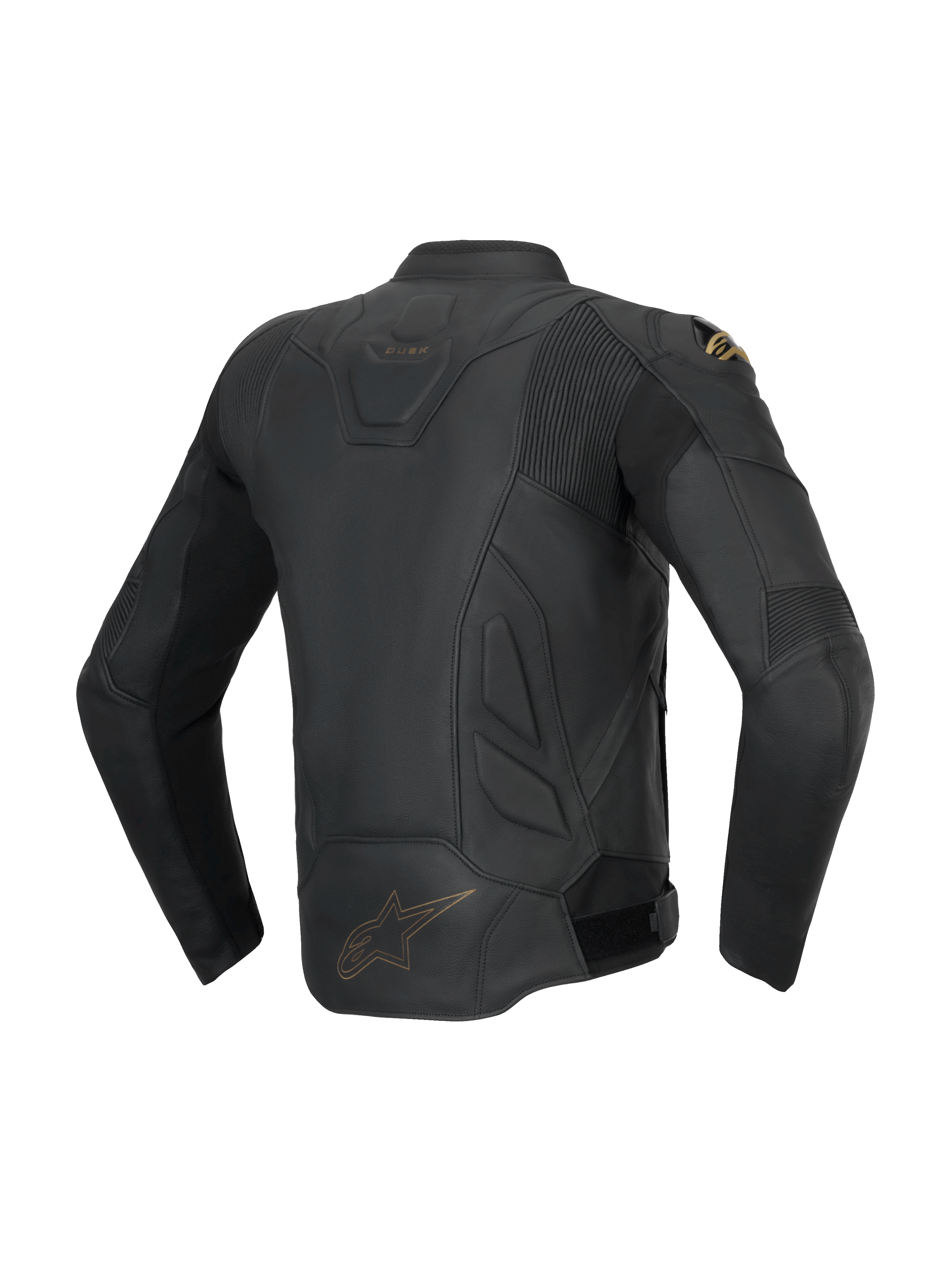 Alpinestars Dusk Leren Jas, zwarte sportieve herenmotorjas van runderleer, achteraanzicht met stretch-accordeonpanelen.