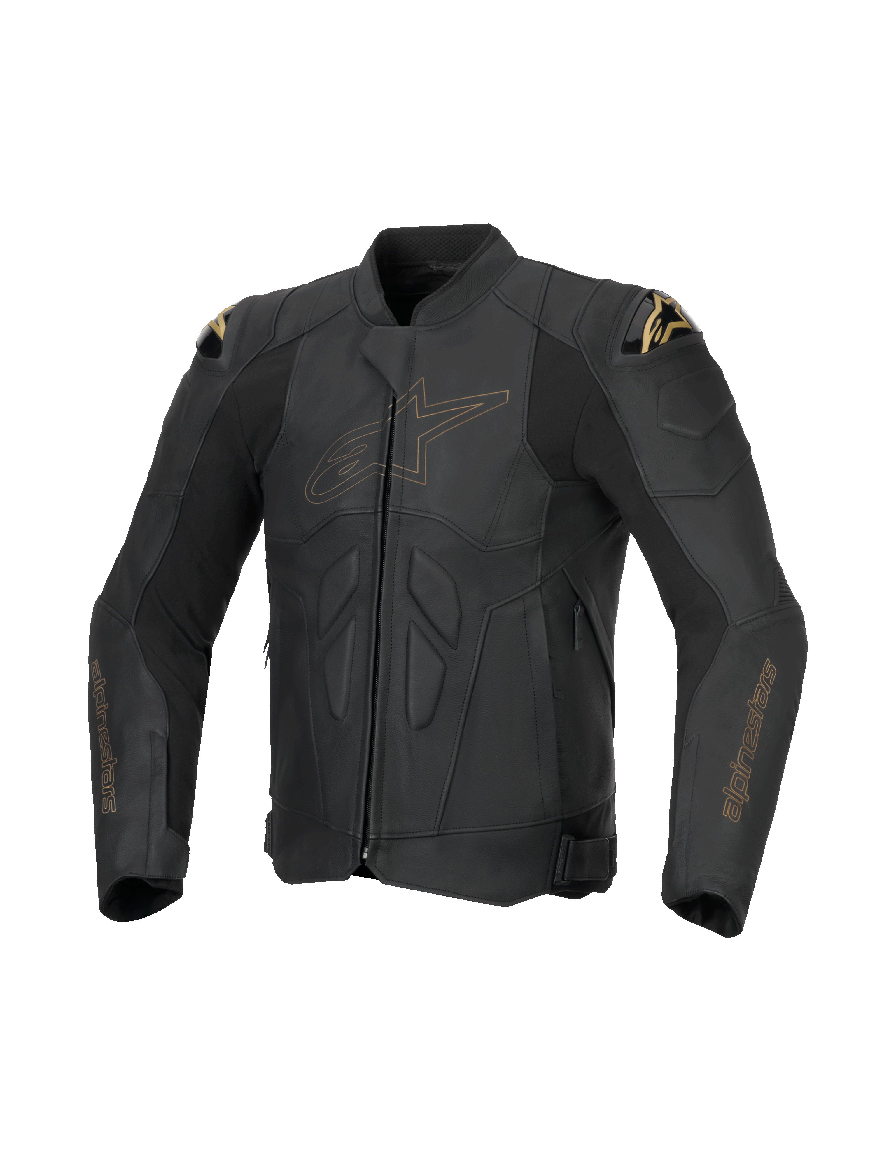 Alpinestars Dusk leren jas, heren motorracingjas, zwart met goudkleurige details, runderleer, DFS schoudersliders, Tech-Air® Ready, CE-gecertificeerd AA-klasse.