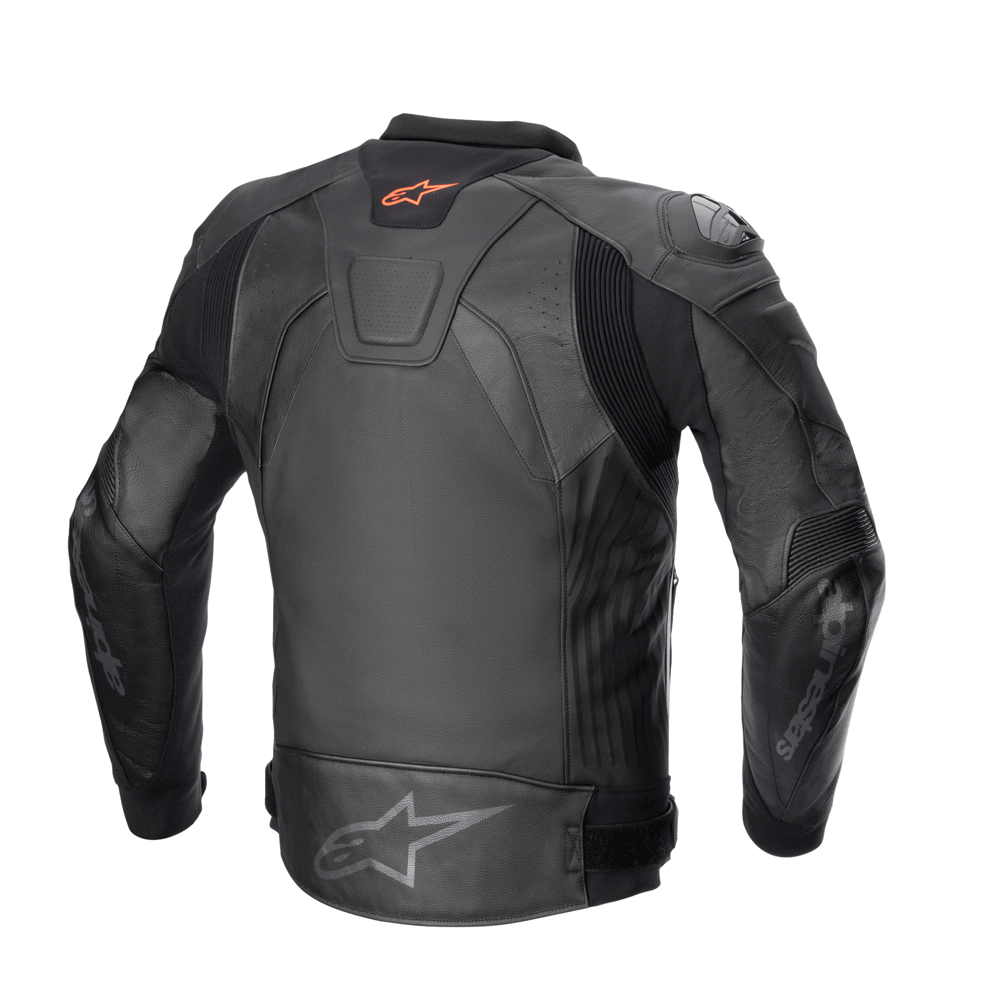 Blouson en cuir Alpinestars GP Plus V4, blouson de moto sport, Noir/Noir, vue arrière présentant un logo Astar rouge sur la nuque, un logo Astar gris au bas du dos, fabrication en cuir de bovin avec panneaux extensibles A-CS™ Plus