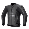 Blouson en cuir Alpinestars GP Plus V4, blouson de course de moto noir avec logo ASTARS argenté sur la poitrine, fermeture éclair frontale, sliders d'épaule DFS externes, fermetures éclair de ventilation à l'abdomen, sangles de taille réglables, accents rouges à l'intérieur du col, cuir premium et construction stretch technique