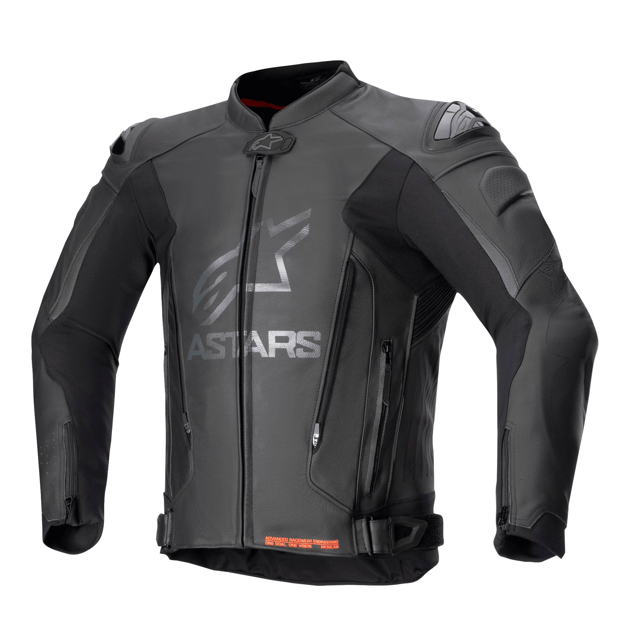 Blouson en cuir Alpinestars GP Plus V4, blouson de course de moto noir avec logo ASTARS argenté sur la poitrine, fermeture éclair frontale, sliders d'épaule DFS externes, fermetures éclair de ventilation à l'abdomen, sangles de taille réglables, accents rouges à l'intérieur du col, cuir premium et construction stretch technique