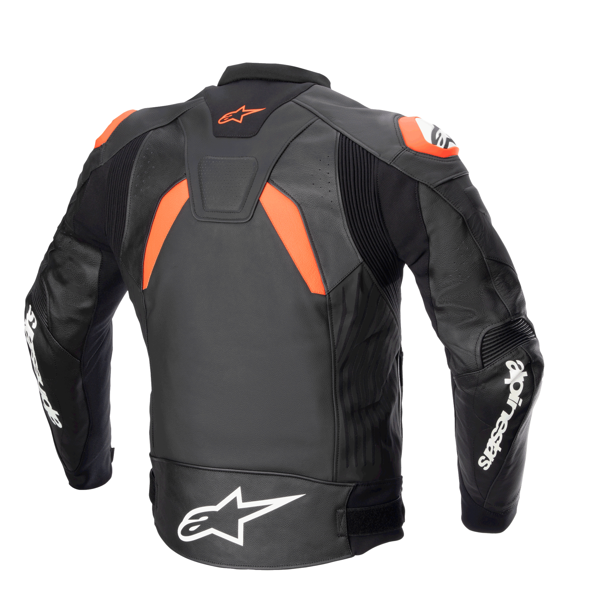 Alpinestars GP Plus V4 Leren Jas, Zwart Rood Fluo en Wit, achteraanzicht met performance stretchpanelen en schouder-sliders, opvallende witte Alpinestars-logo's op de mouwen en taille, race-geïnspireerd sportief silhouet