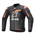 Alpinestars GP Plus V4 leren jas, motorracingjas, zwart met fluoriserend rode en witte accenten, met groot wit ASTARS-logo op de borst, externe schoudersliders en een gestructureerd lederen ontwerp voor hoogwaardige prestaties