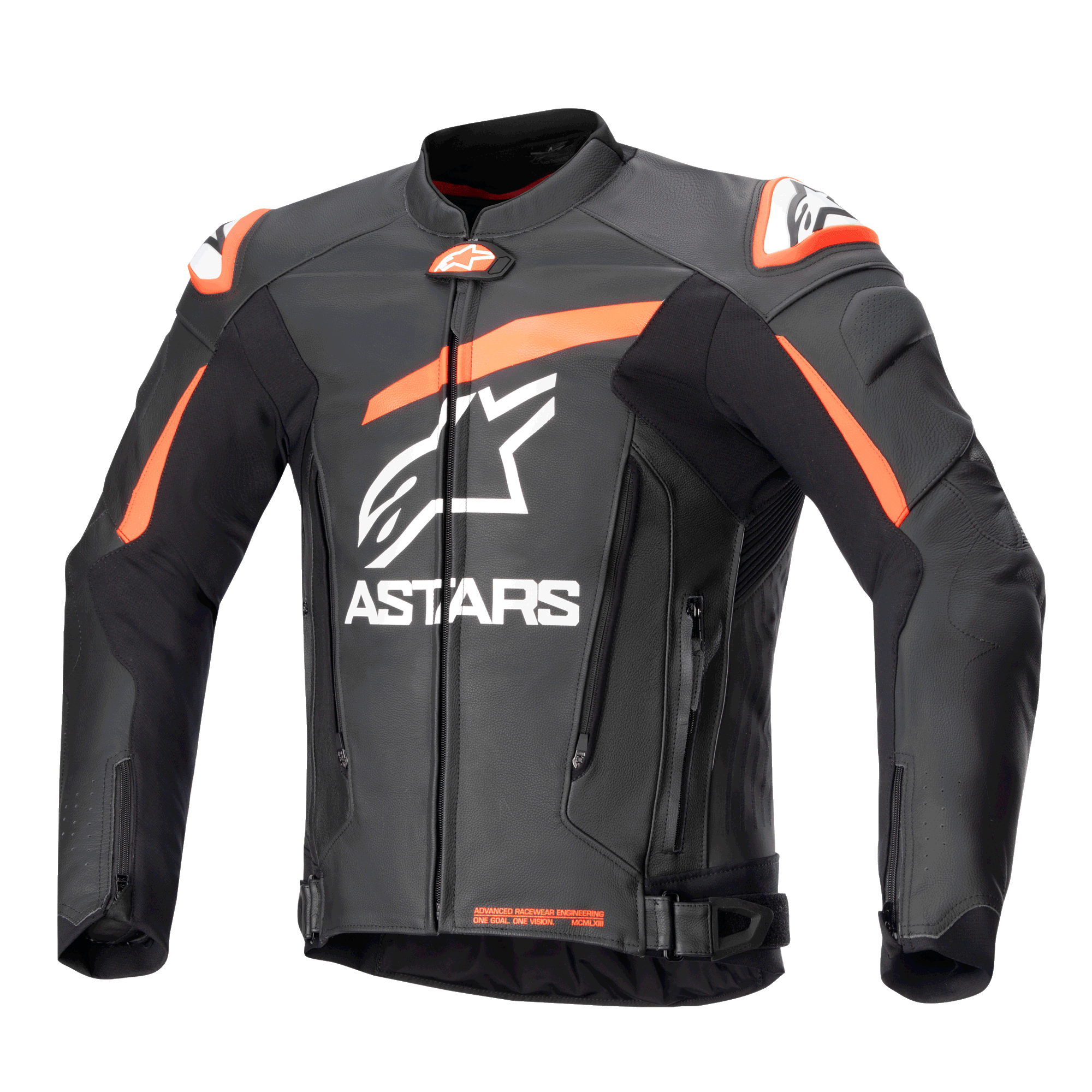 Alpinestars GP Plus V4 leren jas, motorracingjas, zwart met fluoriserend rode en witte accenten, met groot wit ASTARS-logo op de borst, externe schoudersliders en een gestructureerd lederen ontwerp voor hoogwaardige prestaties