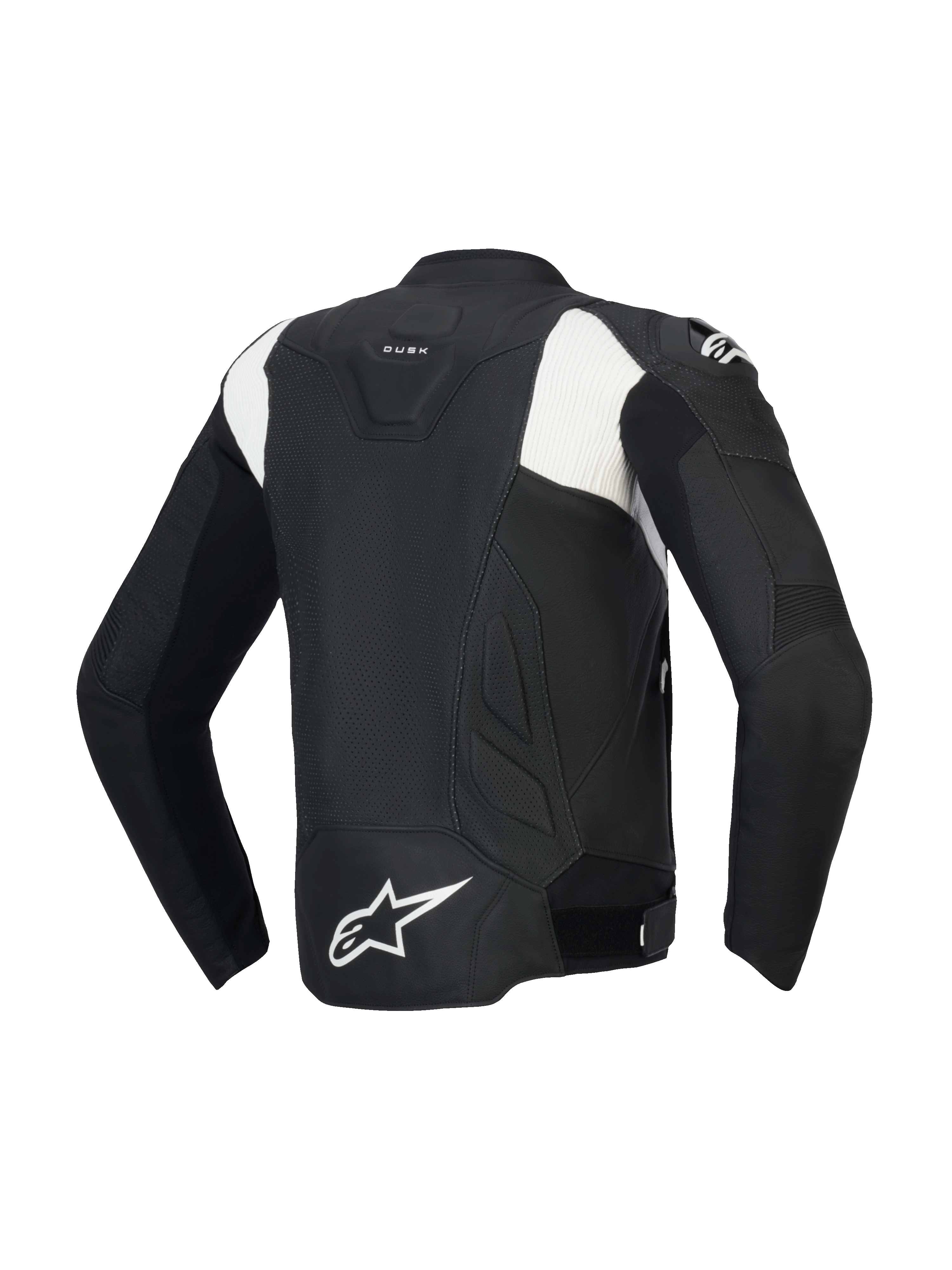 Alpinestars Veste En Cuir Dusk Airflow, veste de moto ventilée pour homme, vue de dos, noire et blanche, construction en cuir perforé avec certification CE et design Tech-Air ready
