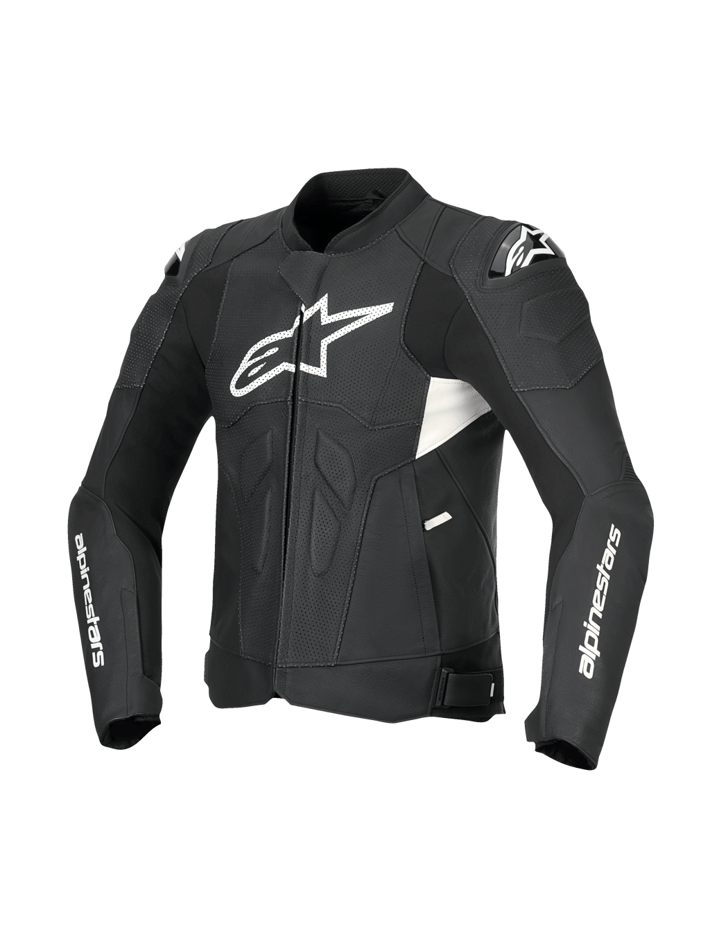 Alpinestars Veste En Cuir Dusk Airflow, blouson de moto en cuir noir et blanc, perforations étendues, protections d'épaules DFS, certifiée CE Classe AA