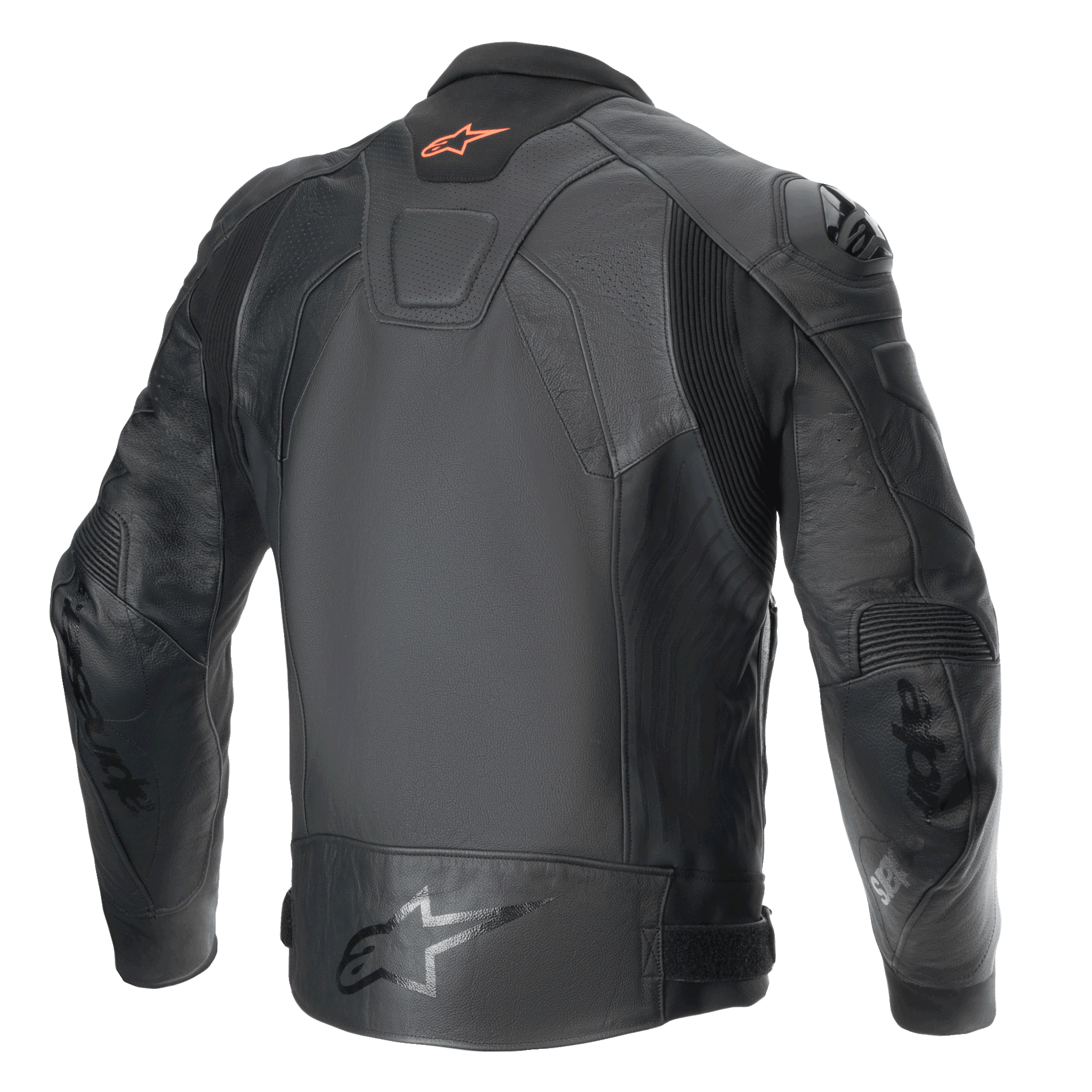 Alpinestars GP Plus R V4 Airflow Leather Jacket, men's sport motorcycle jacket, back view in Black, CE certified with race-grade leather and stretch panels