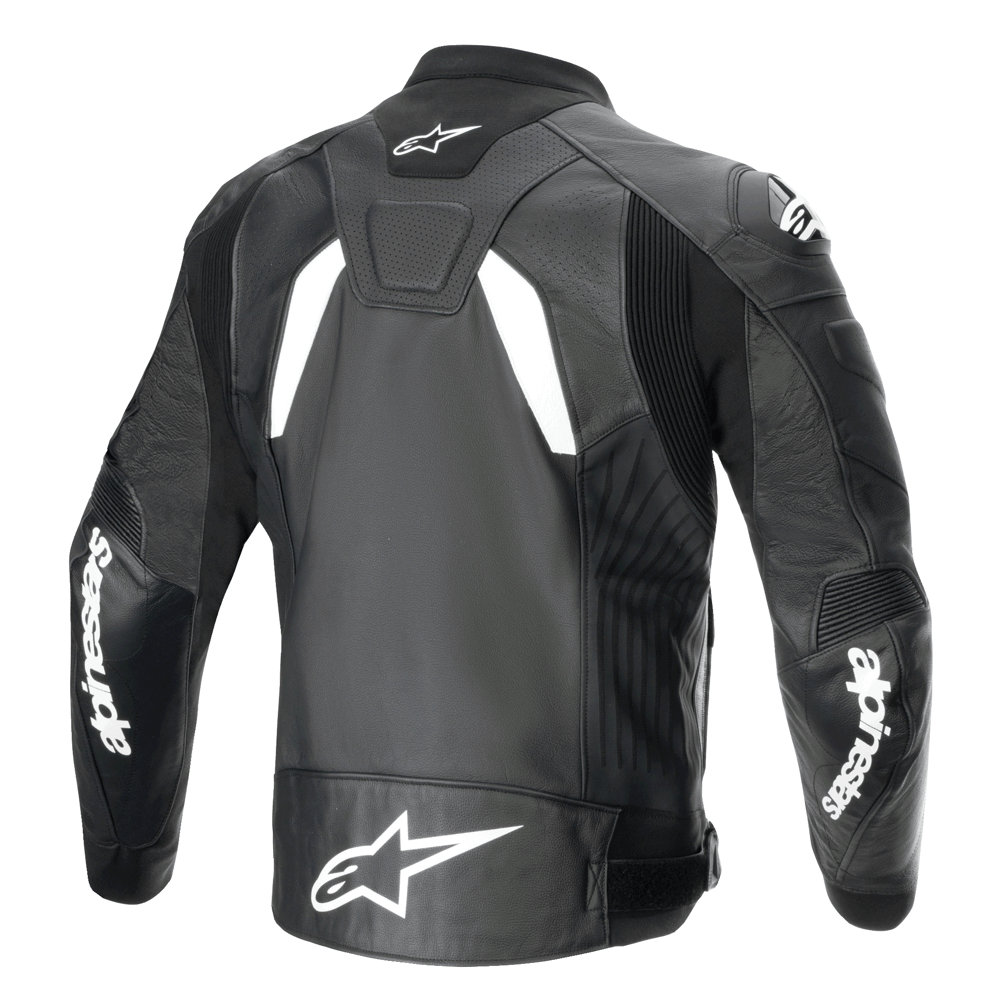 Alpinestars GP Plus R V4 Airflow Lederjacke, Rückansicht, Schwarz und Weiß, mit perforiertem Leder für Belüftung, weißen Alpinestars-Logos auf den Ärmeln und am unteren Rücken sowie integrierten Stretch-Paneelen für Performance-Riding.