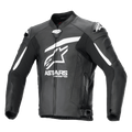 Alpinestars GP Plus R V4 Airflow Lederjacke, Schwarz und Weiß, Vorderansicht mit großem weißen Astars-Logo und Schriftzug auf der Brust, perforierte Lederbahnen für Luftzirkulation, DFS-Schulterschleifer, Reißverschlusstaschen und verstellbare Taillengurte, Premium-Leder-Motorradrennbekleidung